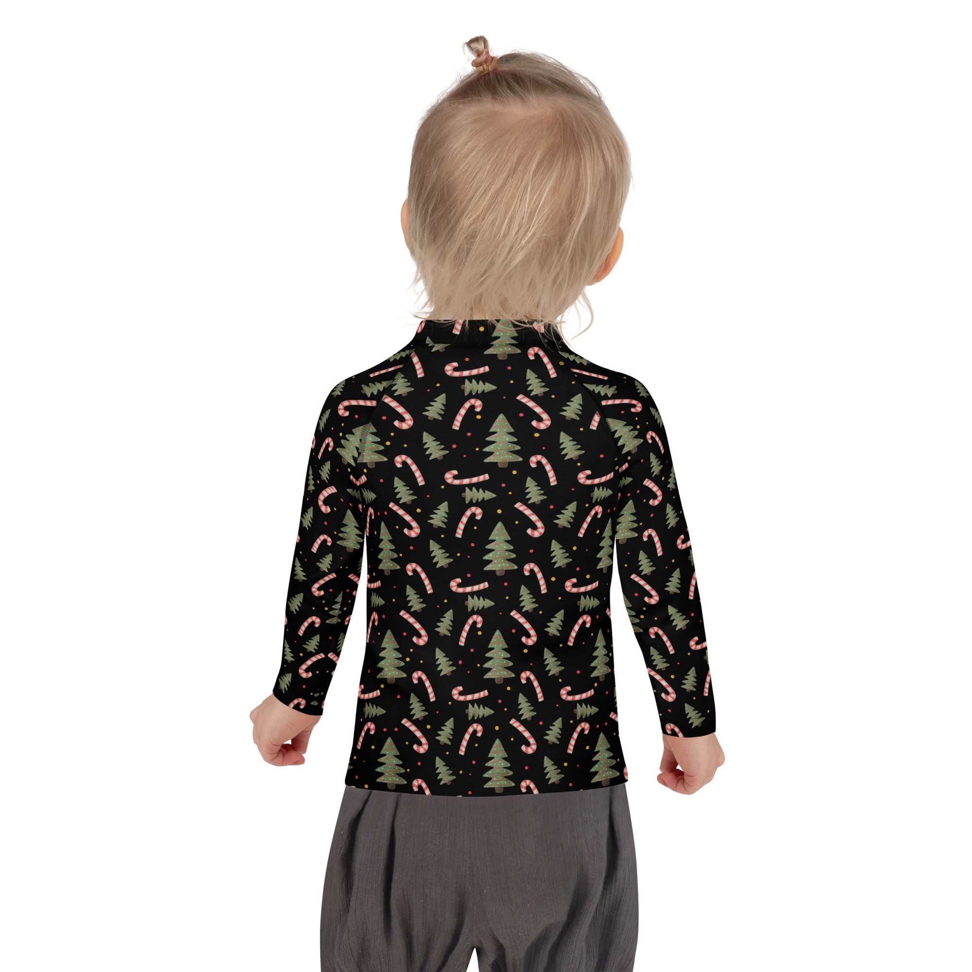 Kids Christmas Tree Candy Cane Long Sleeve Rash Guard Swim Shirt – Buttery Soft, Sun Safe UPF 50+ Protection, Quick Dry & 4-Way Stretch Comfort