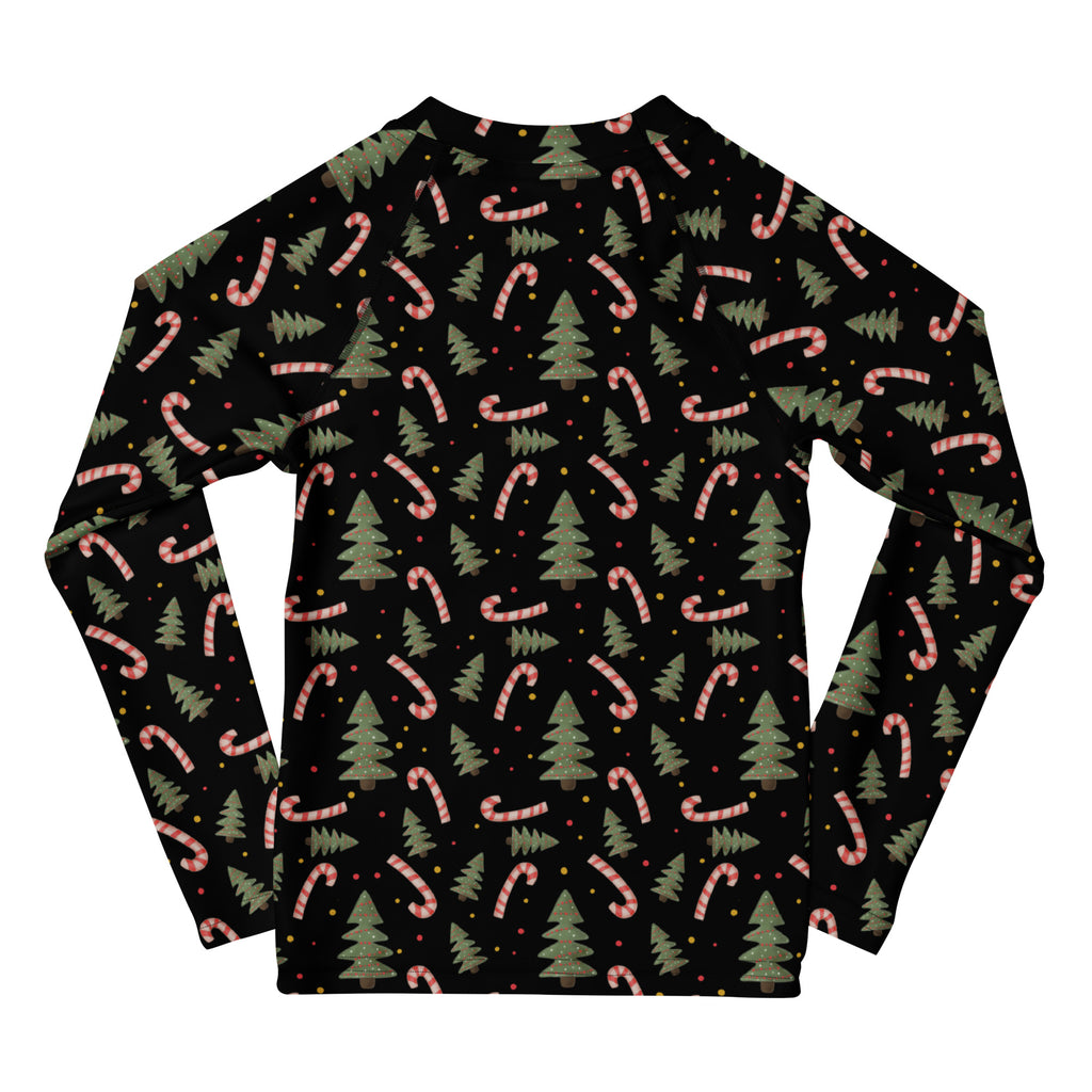 Kids Christmas Tree Candy Cane Long Sleeve Rash Guard Swim Shirt – Buttery Soft, Sun Safe UPF 50+ Protection, Quick Dry & 4-Way Stretch Comfort