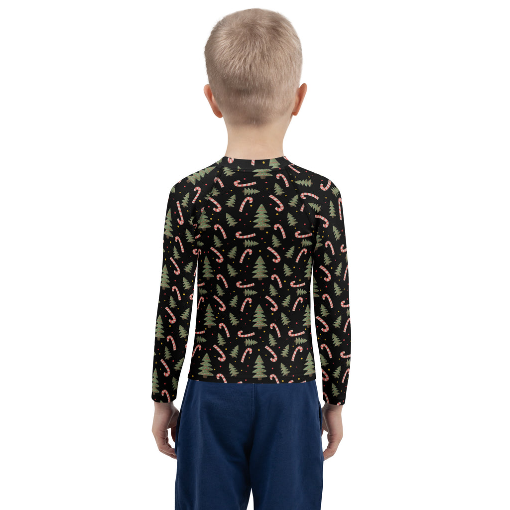 Kids Christmas Tree Candy Cane Long Sleeve Rash Guard Swim Shirt – Buttery Soft, Sun Safe UPF 50+ Protection, Quick Dry & 4-Way Stretch Comfort