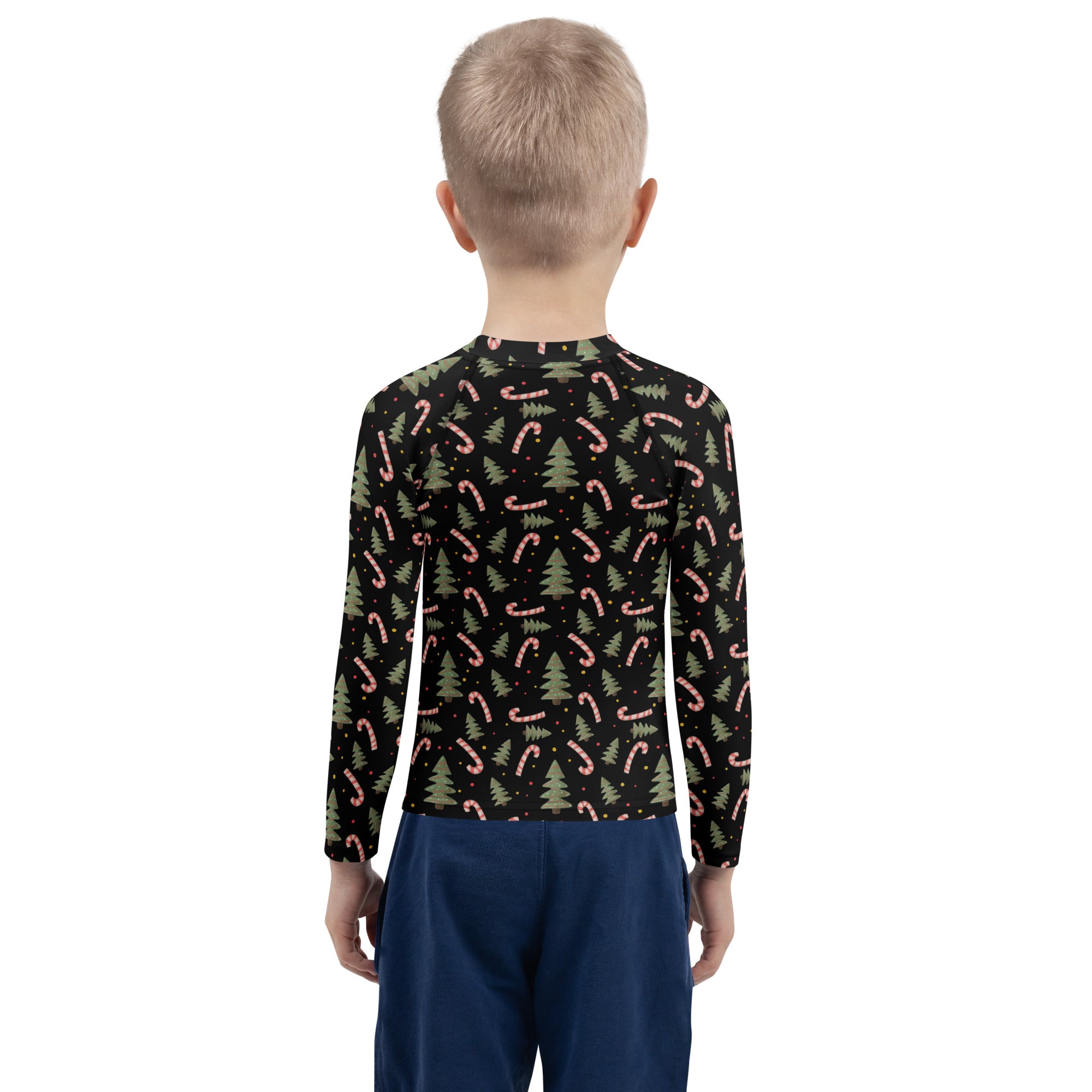 Kids Christmas Tree Candy Cane Long Sleeve Rash Guard Swim Shirt – Buttery Soft, Sun Safe UPF 50+ Protection, Quick Dry & 4-Way Stretch Comfort