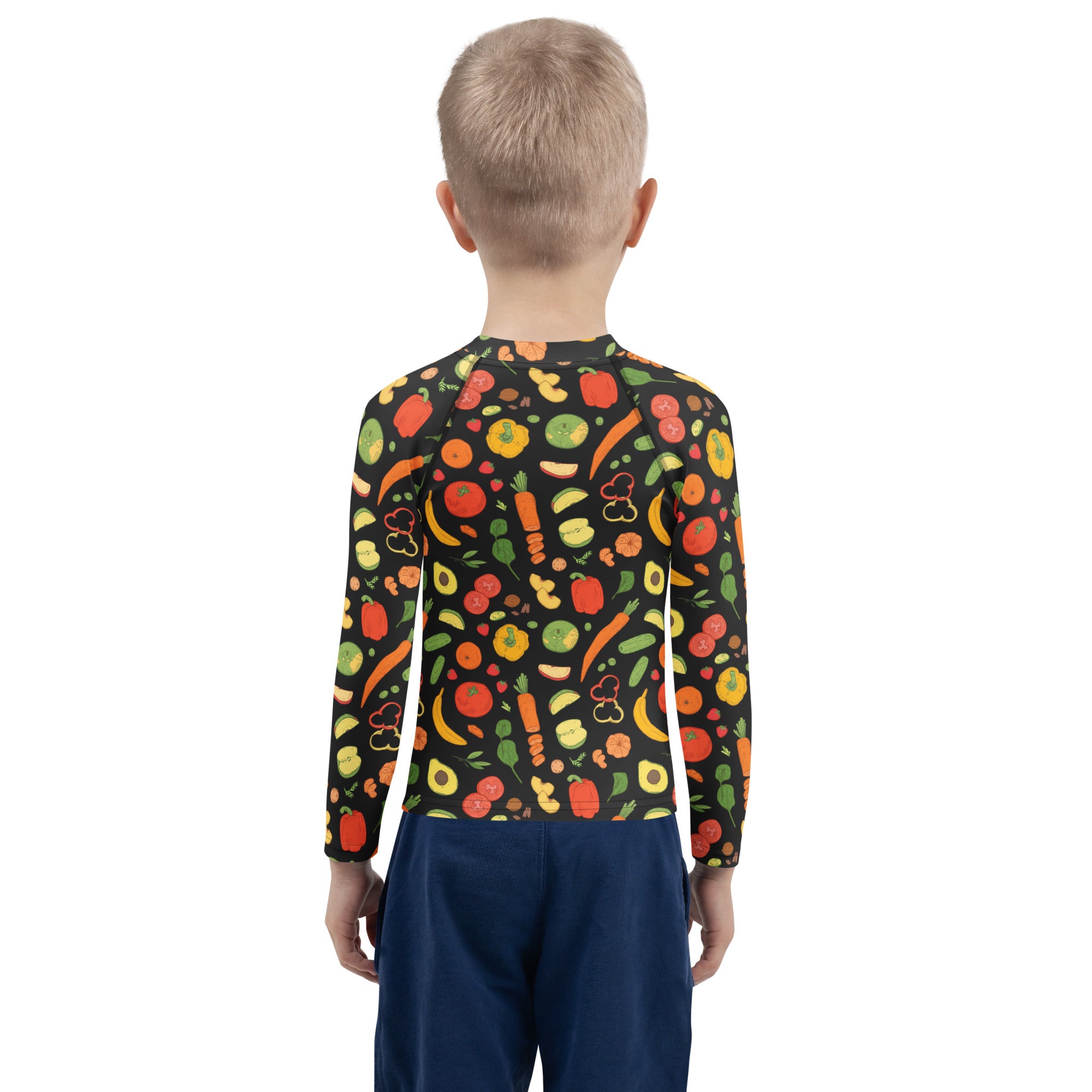 Kids Healthy Fruits & Veggies Long Sleeve Rash Guard Swim Shirt – Buttery Soft, Sun Safe UPF 50+ Protection, Quick Dry & 4-Way Stretch Comfort