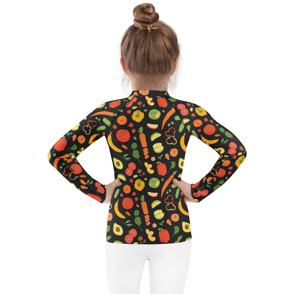 Kids Healthy Fruits & Veggies Long Sleeve Rash Guard Swim Shirt – Buttery Soft, Sun Safe UPF 50+ Protection, Quick Dry & 4-Way Stretch Comfort
