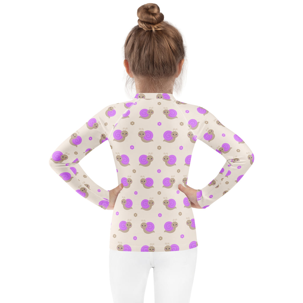 Girls Purple Snails Long Sleeve Rash Guard Swim Shirt – Buttery Soft, Sun Safe UPF 50+ Protection, Quick Dry & 4-Way Stretch Comfort