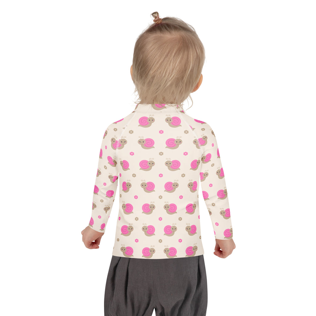 Girls Pink Snails Long Sleeve Rash Guard Swim Shirt – Buttery Soft, Sun Safe UPF 50+ Protection, Quick Dry & 4-Way Stretch Comfort