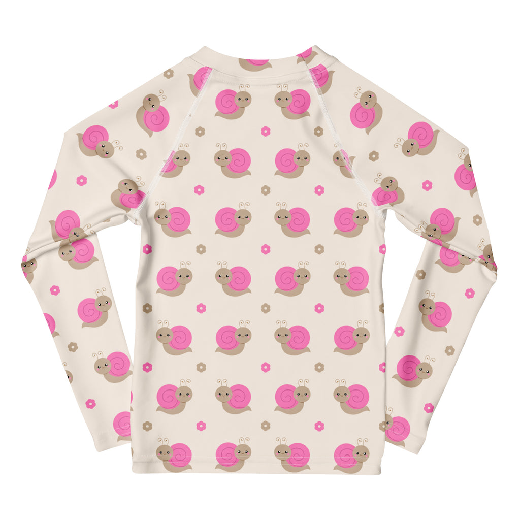 Girls Pink Snails Long Sleeve Rash Guard Swim Shirt – Buttery Soft, Sun Safe UPF 50+ Protection, Quick Dry & 4-Way Stretch Comfort