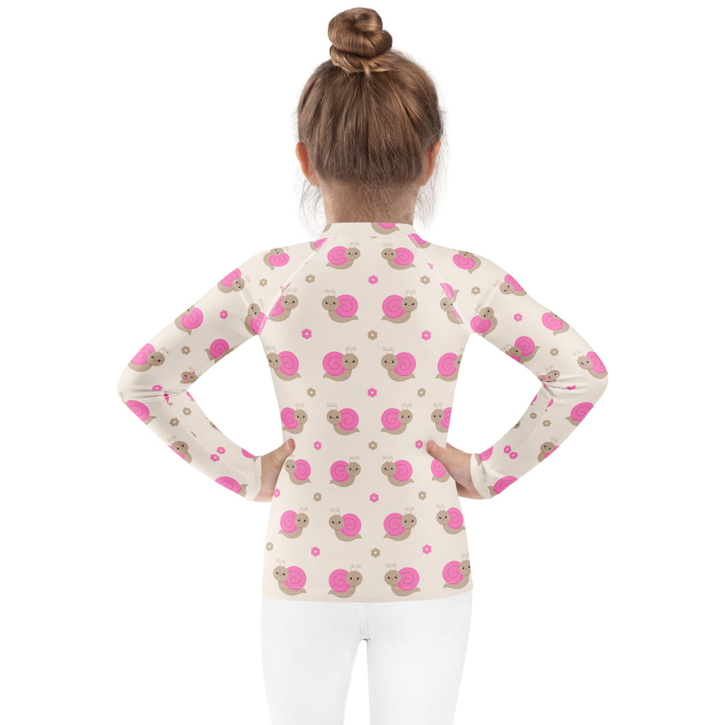 Girls Pink Snails Long Sleeve Rash Guard Swim Shirt – Buttery Soft, Sun Safe UPF 50+ Protection, Quick Dry & 4-Way Stretch Comfort