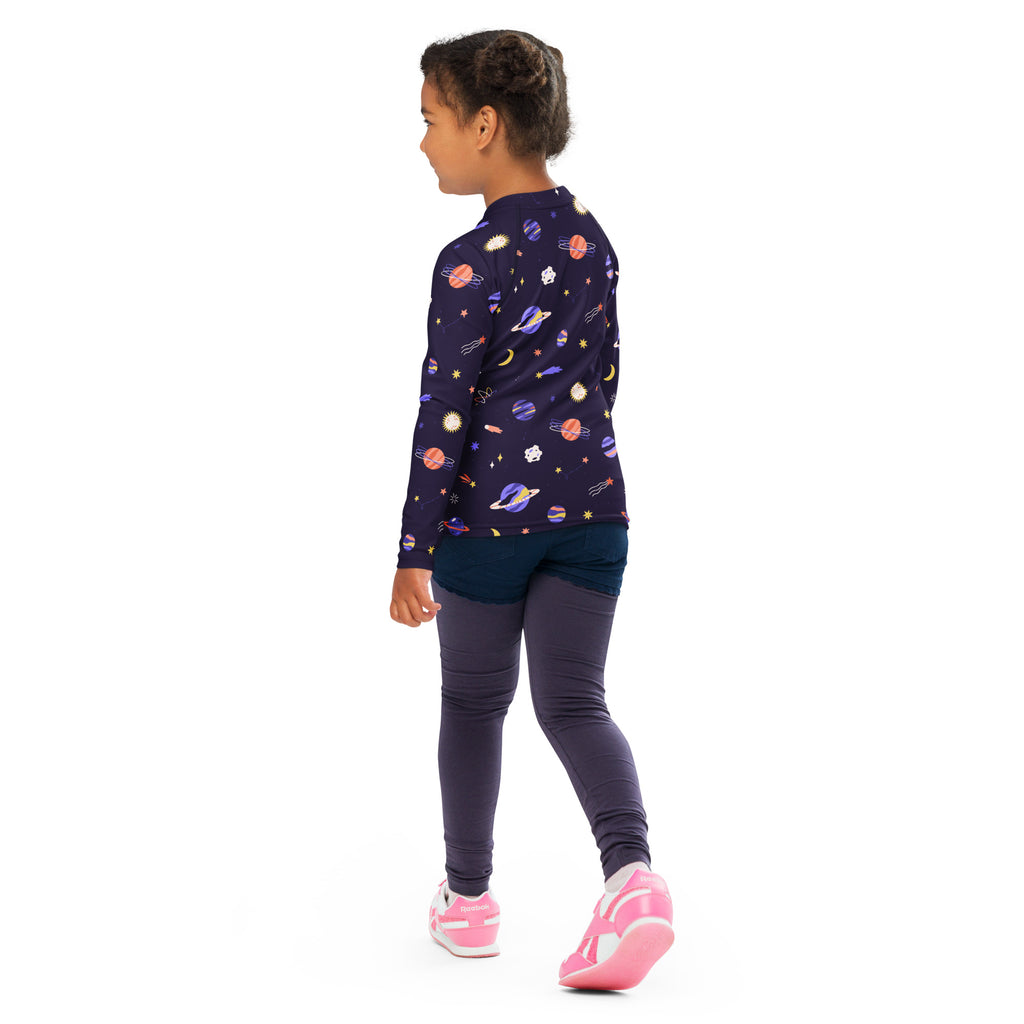 Girls Purple Galaxy Space Long Sleeve Rash Guard Swim Shirt – Buttery Soft, Sun Safe UPF 50+ Protection, Quick Dry & 4-Way Stretch Comfort