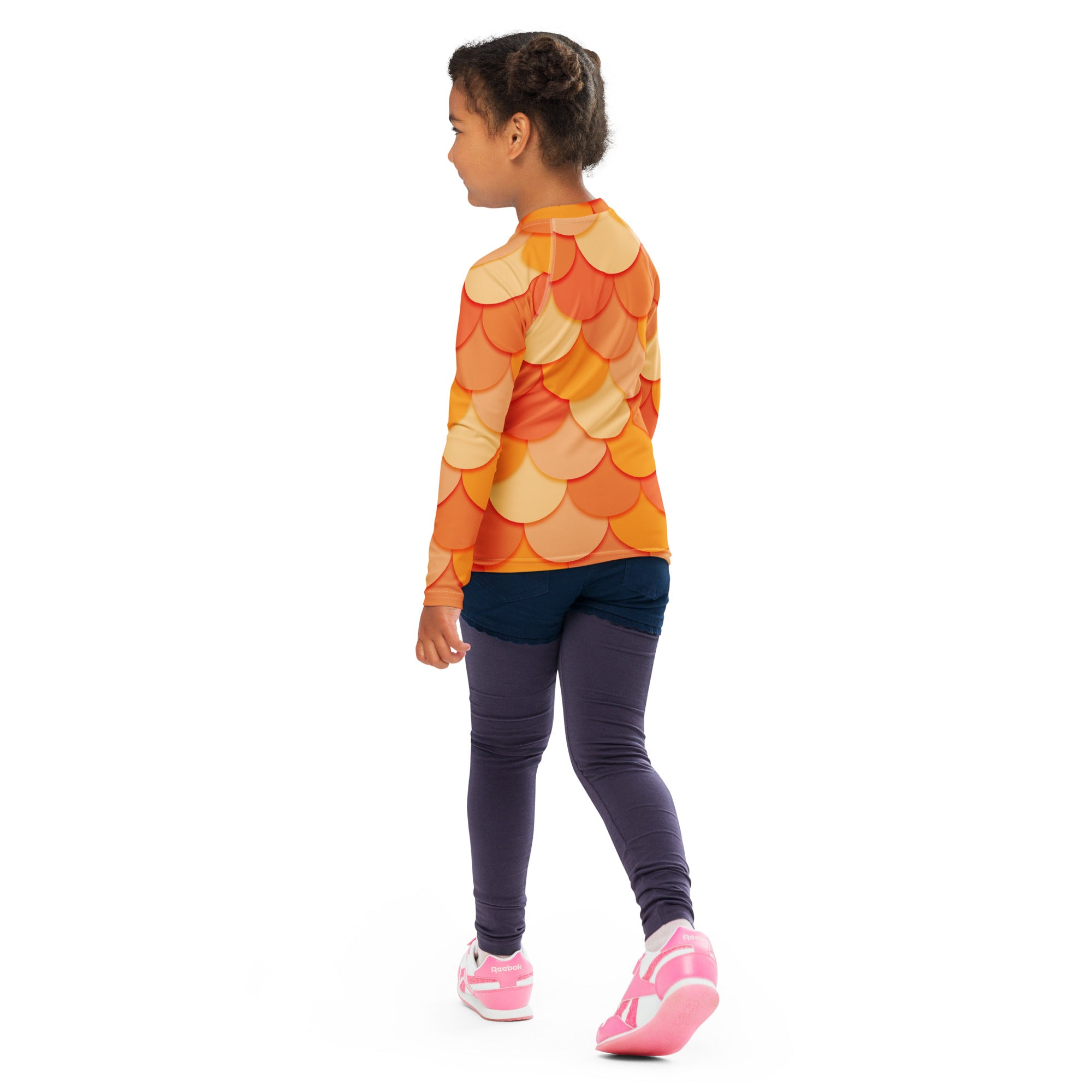 Girls Orange Mermaid Long Sleeve Rash Guard Swim Shirt – Buttery Soft, Sun Safe UPF 50+ Protection, Quick Dry & 4-Way Stretch Comfort