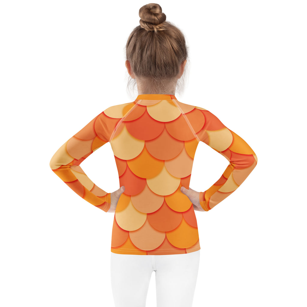 Girls Orange Mermaid Long Sleeve Rash Guard Swim Shirt – Buttery Soft, Sun Safe UPF 50+ Protection, Quick Dry & 4-Way Stretch Comfort