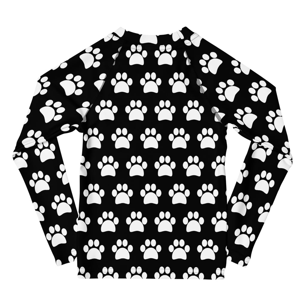 Kids Black Paw Print Long Sleeve Rash Guard Swim Shirt – Buttery Soft, Sun Safe UPF 50+ Protection, Quick Dry & 4-Way Stretch Comfort