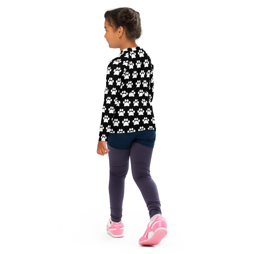 Kids Black Paw Print Long Sleeve Rash Guard Swim Shirt – Buttery Soft, Sun Safe UPF 50+ Protection, Quick Dry & 4-Way Stretch Comfort