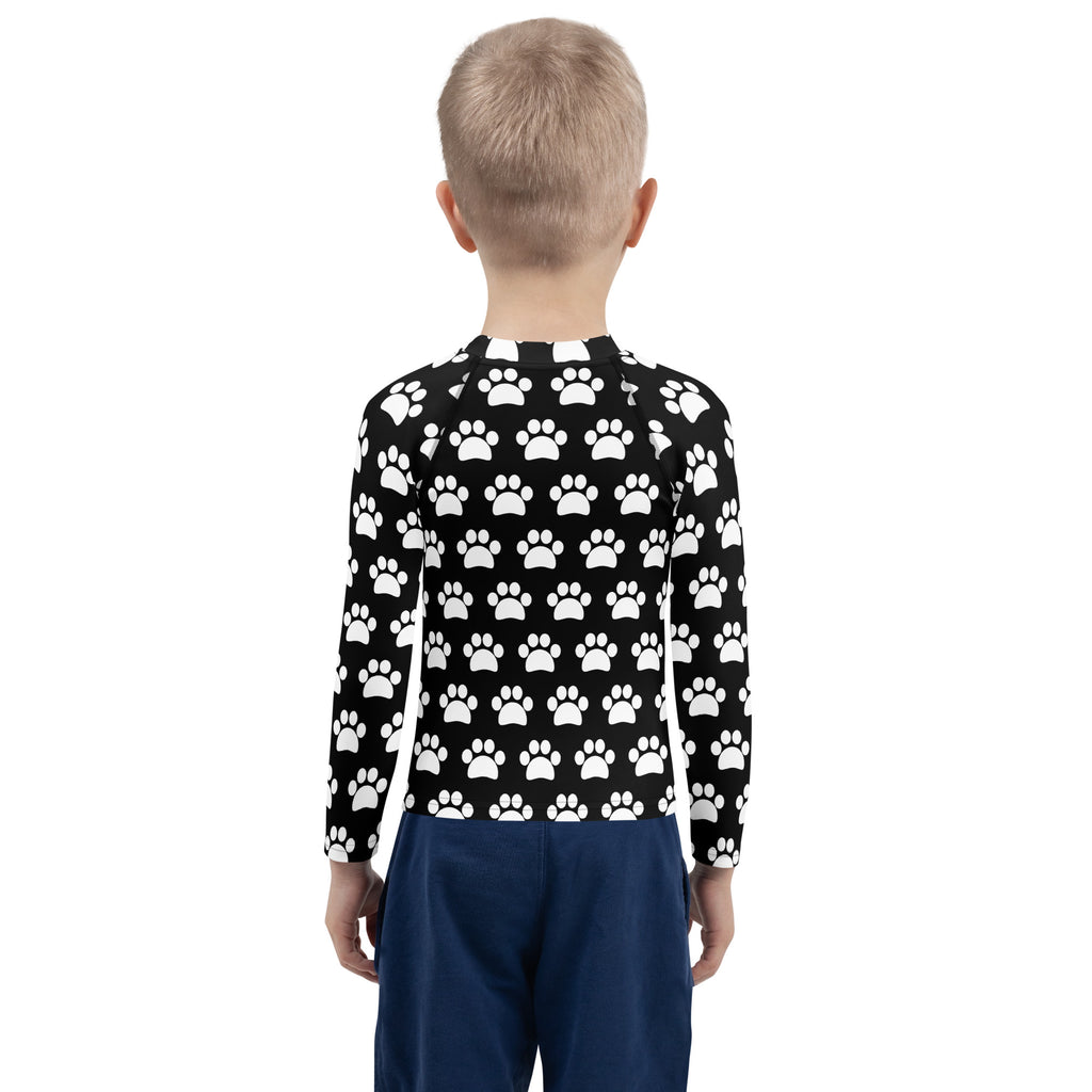 Kids Black Paw Print Long Sleeve Rash Guard Swim Shirt – Buttery Soft, Sun Safe UPF 50+ Protection, Quick Dry & 4-Way Stretch Comfort