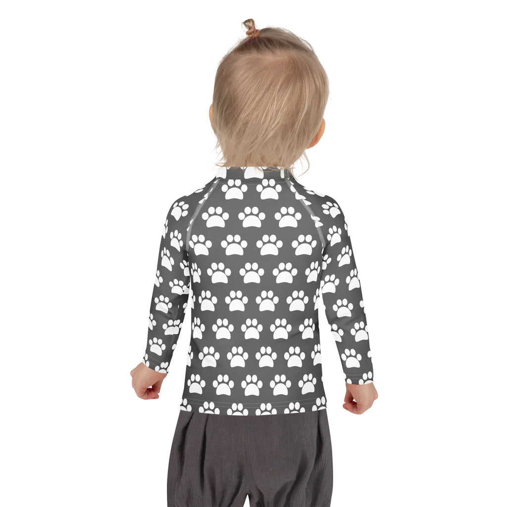 Kids Gray Paw Print Long Sleeve Rash Guard Swim Shirt – Buttery Soft, Sun Safe UPF 50+ Protection, Quick Dry & 4-Way Stretch Comfort