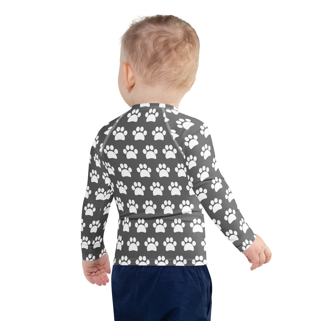 Kids Gray Paw Print Long Sleeve Rash Guard Swim Shirt – Buttery Soft, Sun Safe UPF 50+ Protection, Quick Dry & 4-Way Stretch Comfort