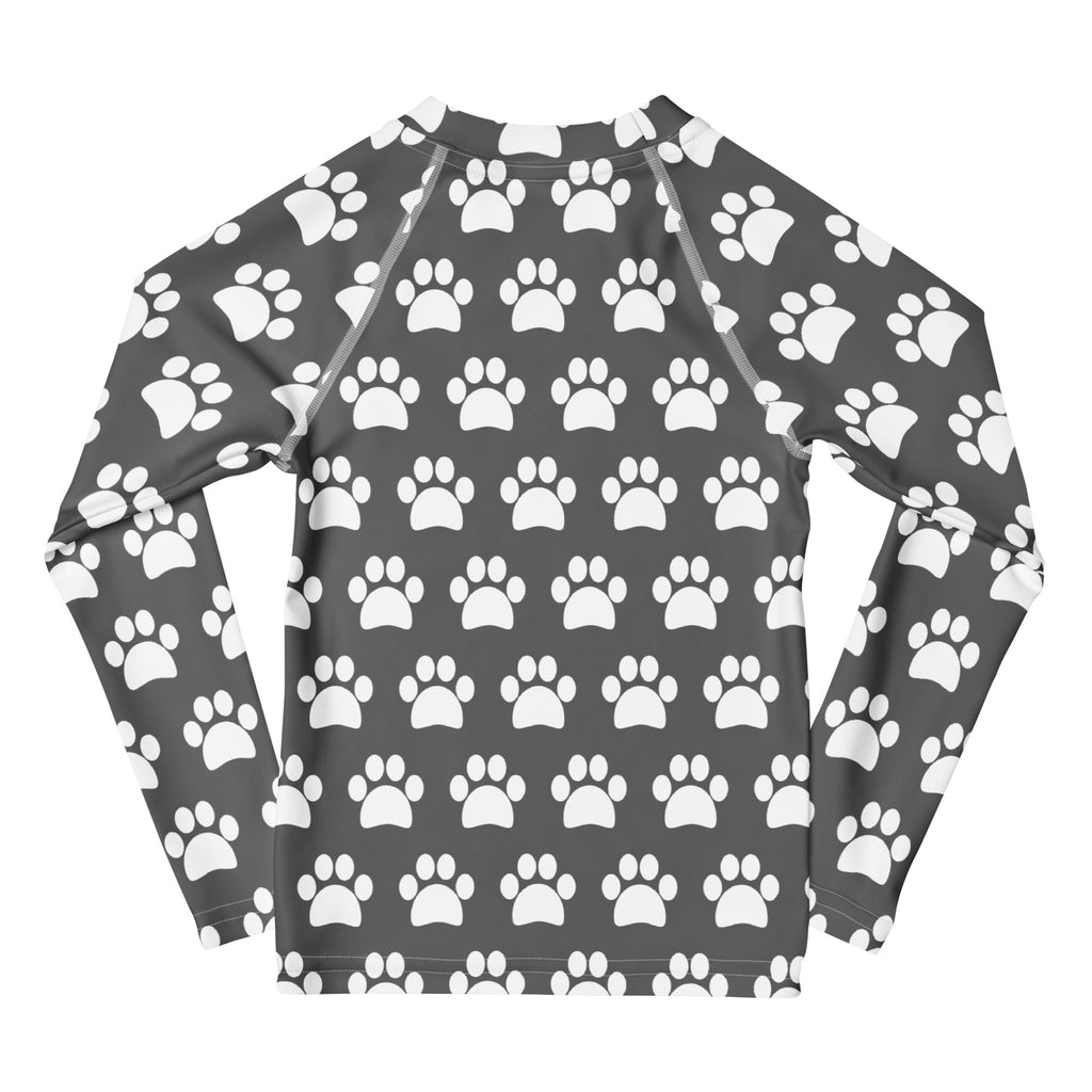 Kids Gray Paw Print Long Sleeve Rash Guard Swim Shirt – Buttery Soft, Sun Safe UPF 50+ Protection, Quick Dry & 4-Way Stretch Comfort