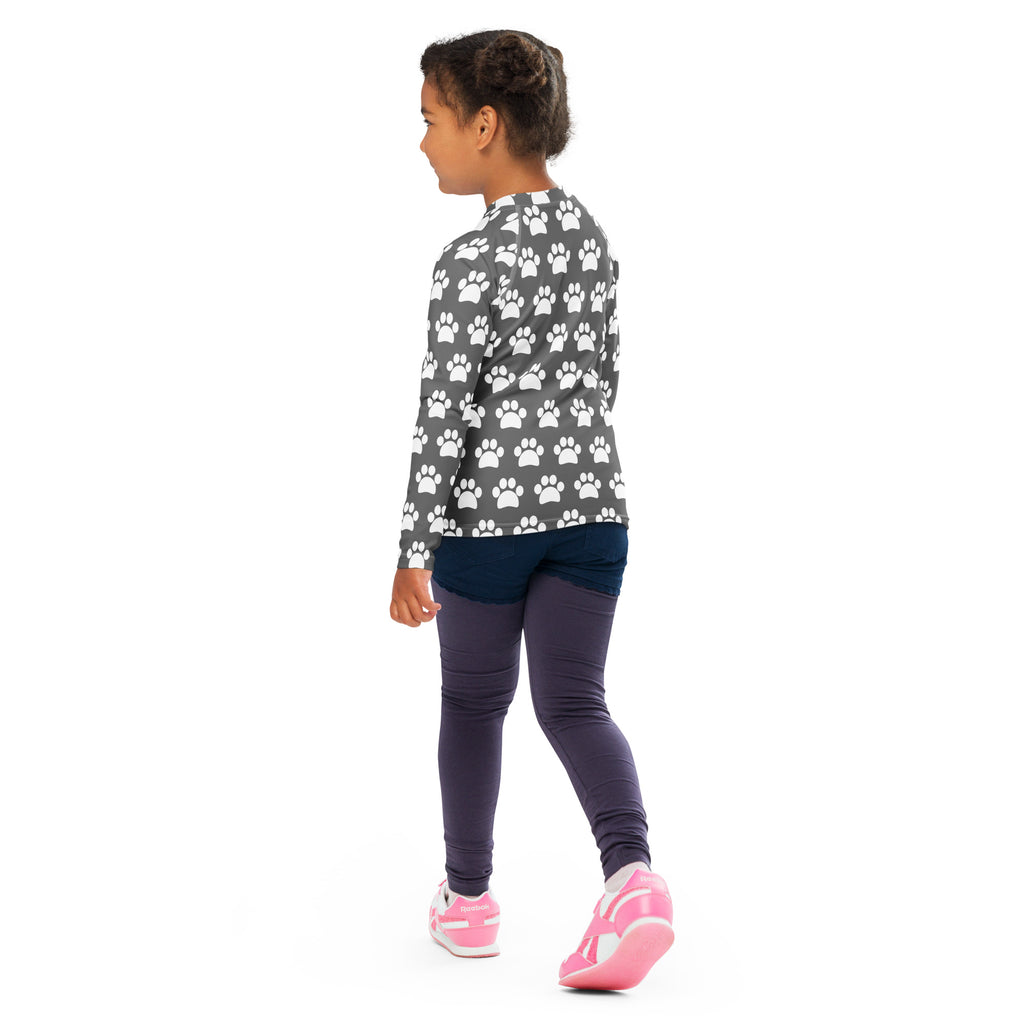 Kids Gray Paw Print Long Sleeve Rash Guard Swim Shirt – Buttery Soft, Sun Safe UPF 50+ Protection, Quick Dry & 4-Way Stretch Comfort