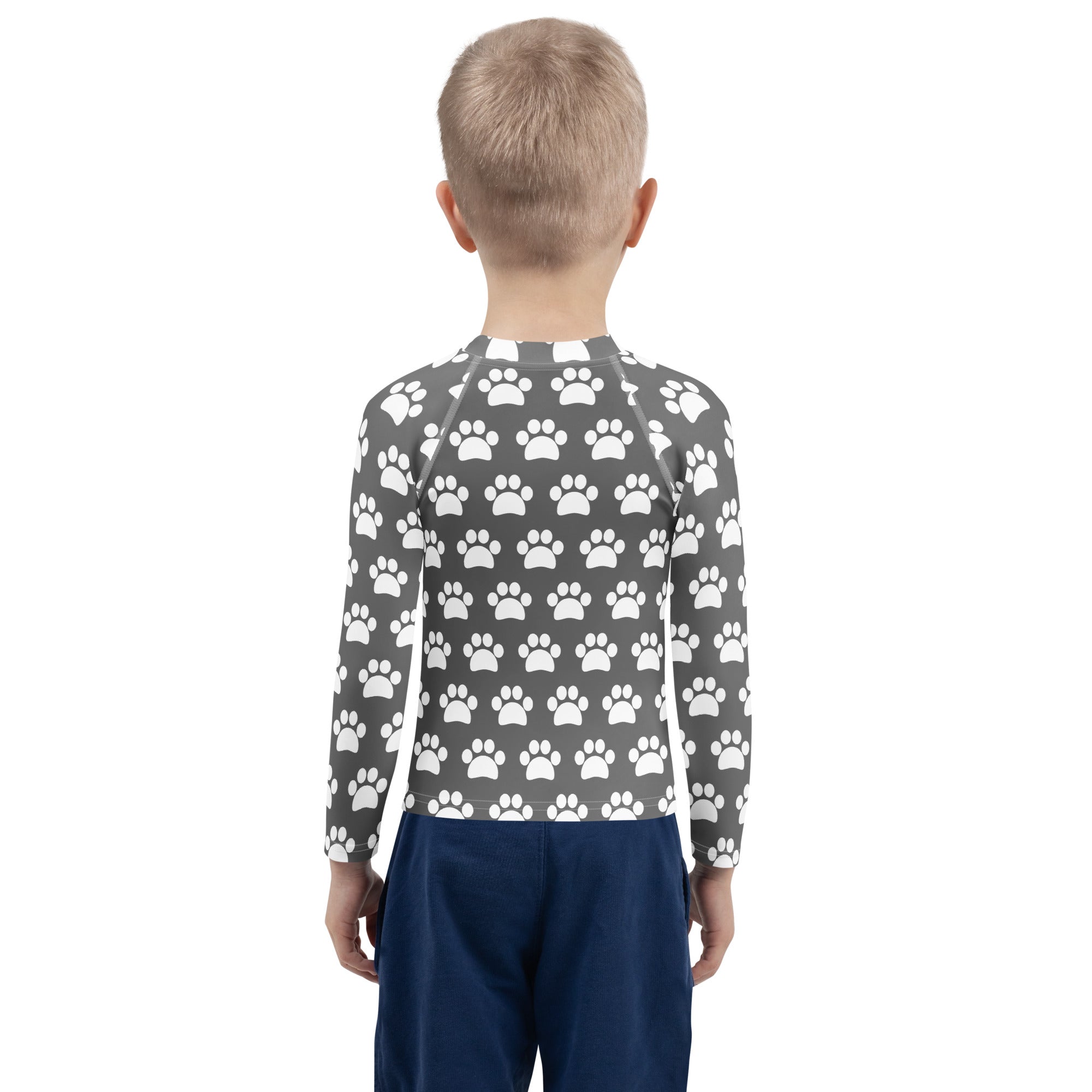Kids Gray Paw Print Long Sleeve Rash Guard Swim Shirt – Buttery Soft, Sun Safe UPF 50+ Protection, Quick Dry & 4-Way Stretch Comfort