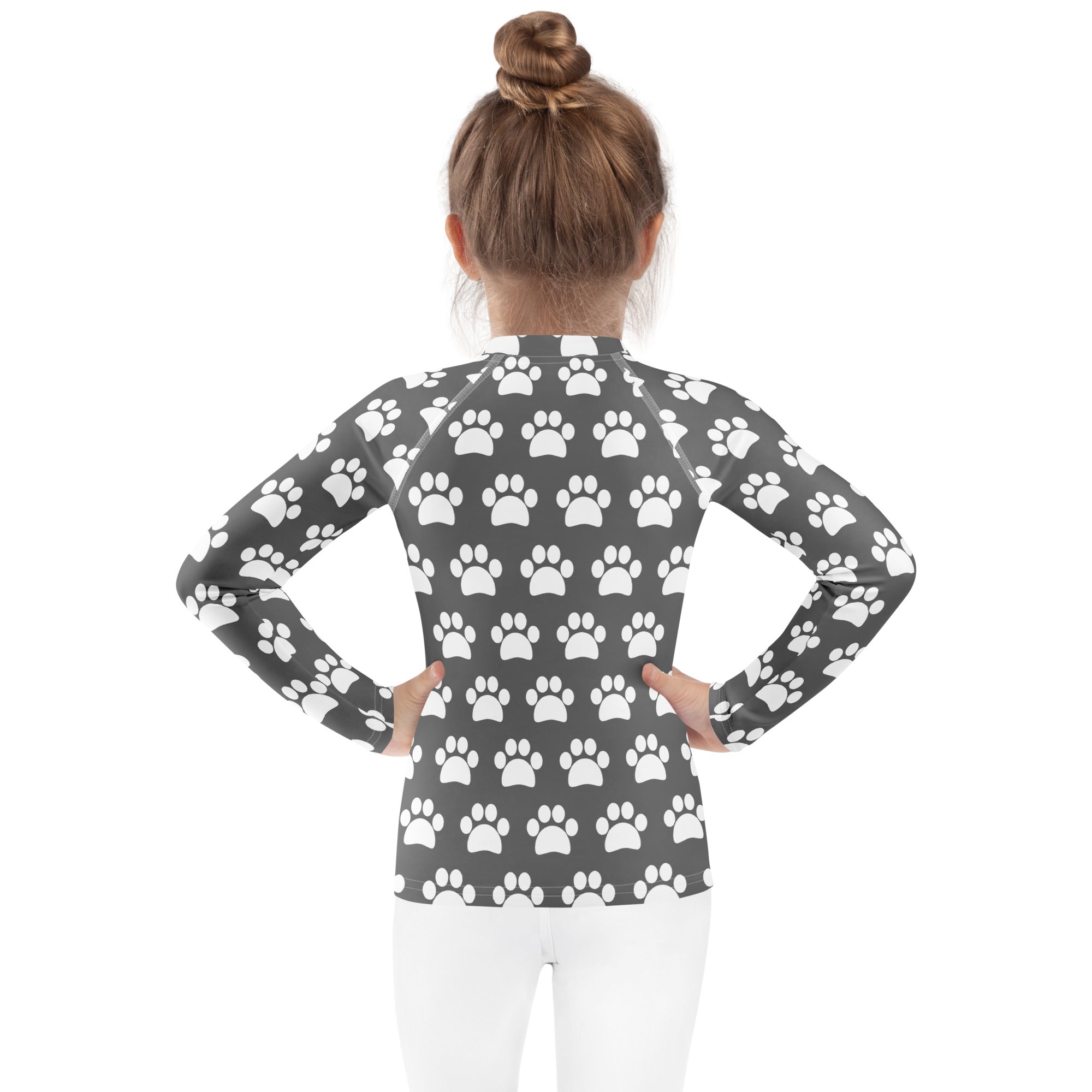 Kids Gray Paw Print Long Sleeve Rash Guard Swim Shirt – Buttery Soft, Sun Safe UPF 50+ Protection, Quick Dry & 4-Way Stretch Comfort