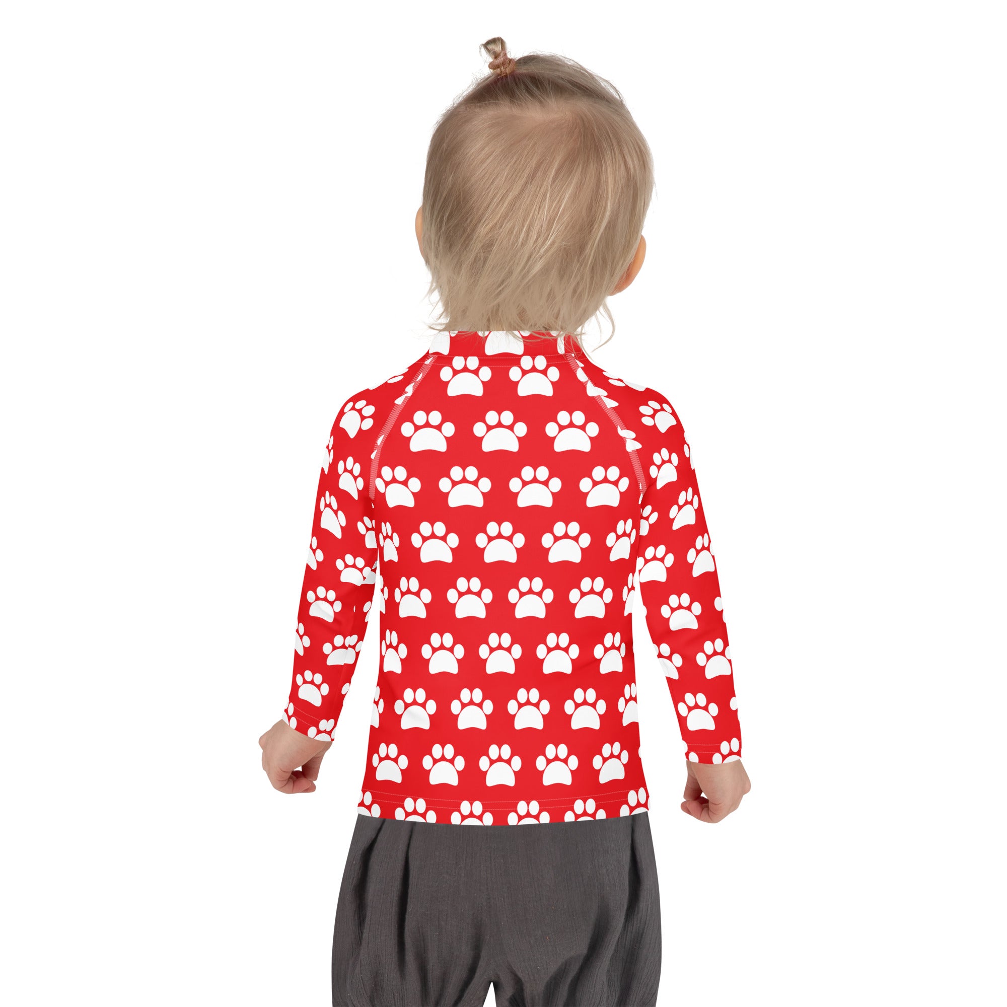 Kids Red Paw Print Long Sleeve Rash Guard Swim Shirt – Buttery Soft, Sun Safe UPF 50+ Protection, Quick Dry & 4-Way Stretch Comfort