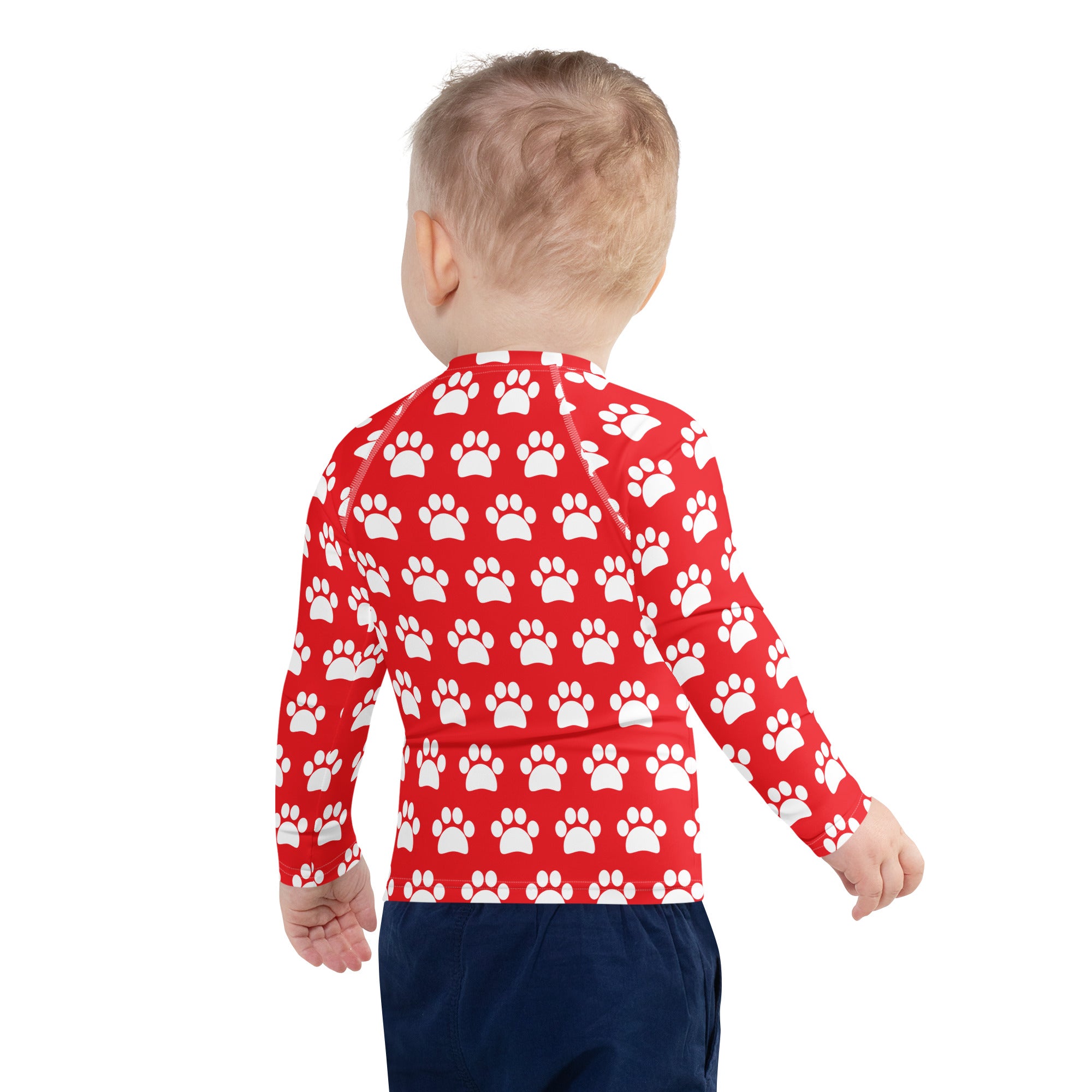Kids Red Paw Print Long Sleeve Rash Guard Swim Shirt – Buttery Soft, Sun Safe UPF 50+ Protection, Quick Dry & 4-Way Stretch Comfort