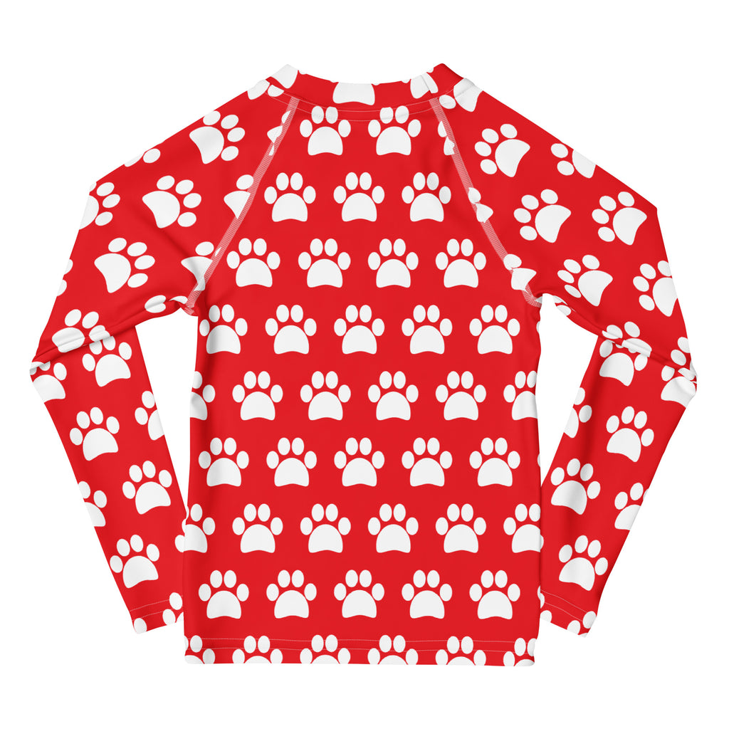 Kids Red Paw Print Long Sleeve Rash Guard Swim Shirt – Buttery Soft, Sun Safe UPF 50+ Protection, Quick Dry & 4-Way Stretch Comfort