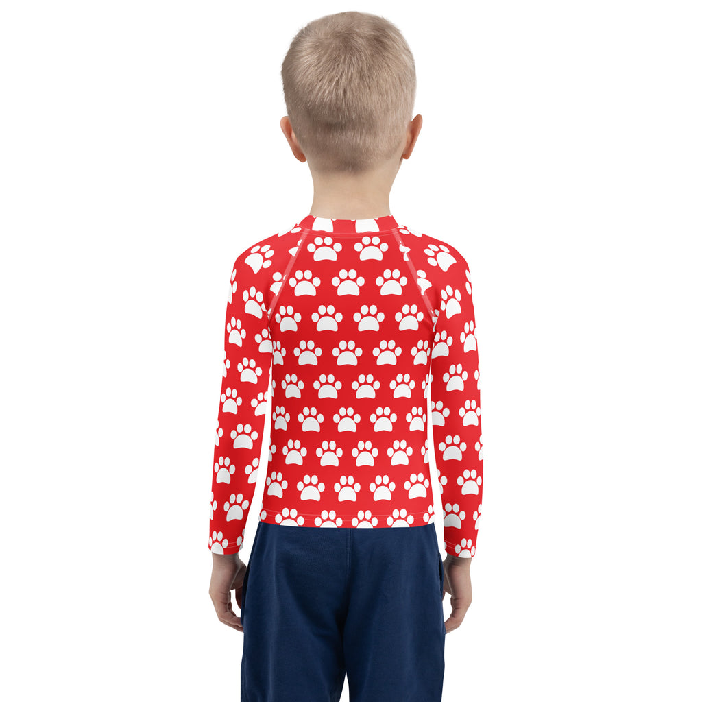 Kids Red Paw Print Long Sleeve Rash Guard Swim Shirt – Buttery Soft, Sun Safe UPF 50+ Protection, Quick Dry & 4-Way Stretch Comfort