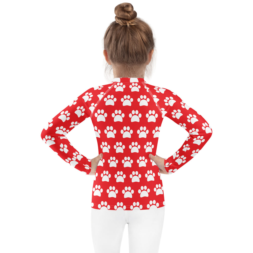 Kids Red Paw Print Long Sleeve Rash Guard Swim Shirt – Buttery Soft, Sun Safe UPF 50+ Protection, Quick Dry & 4-Way Stretch Comfort