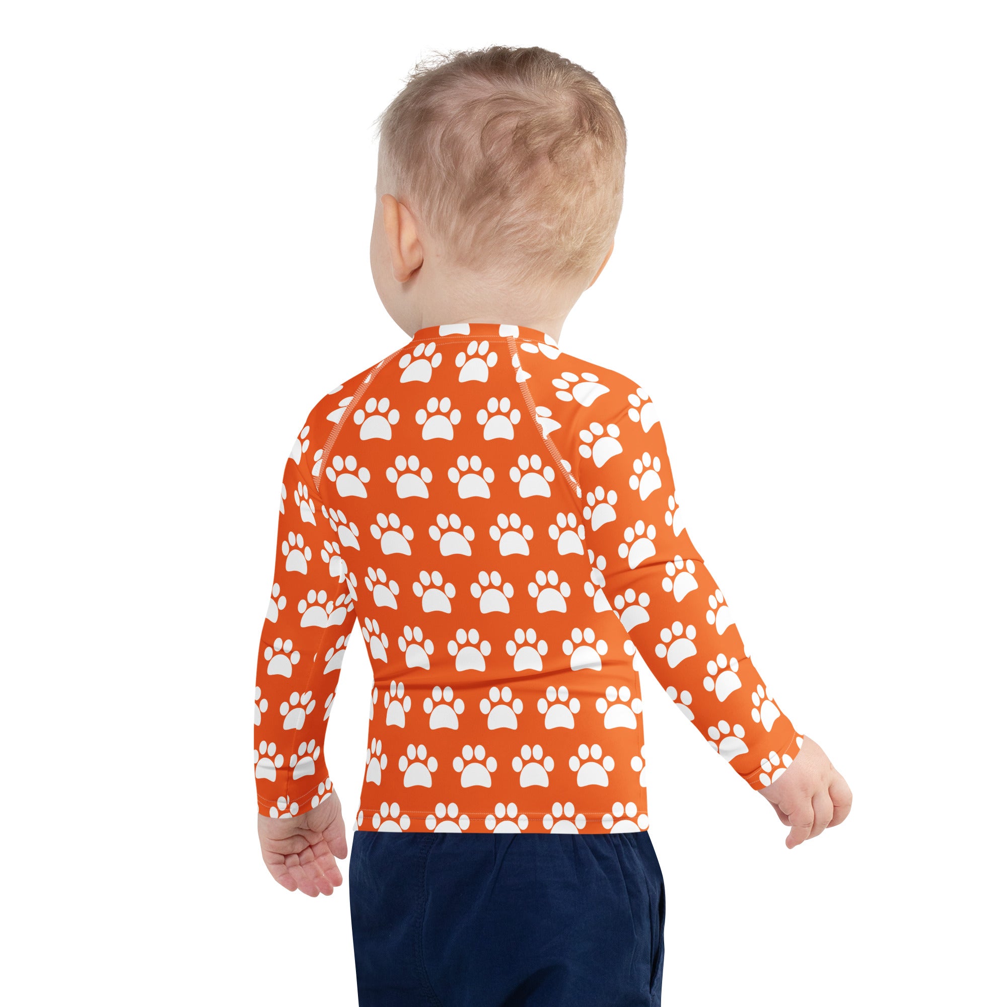Kids Orange Paw Print Long Sleeve Rash Guard Swim Shirt – Buttery Soft, Sun Safe UPF 50+ Protection, Quick Dry & 4-Way Stretch Comfort