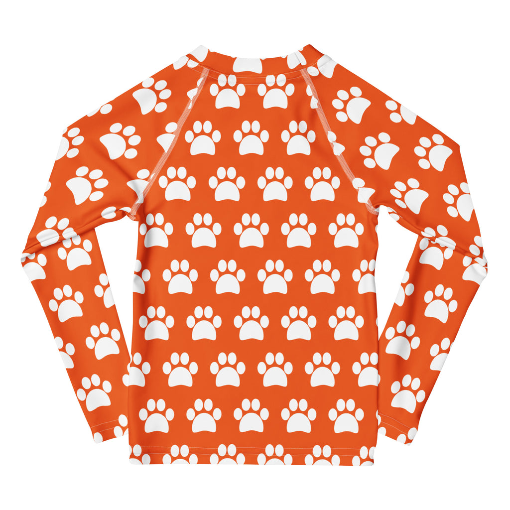 Kids Orange Paw Print Long Sleeve Rash Guard Swim Shirt – Buttery Soft, Sun Safe UPF 50+ Protection, Quick Dry & 4-Way Stretch Comfort