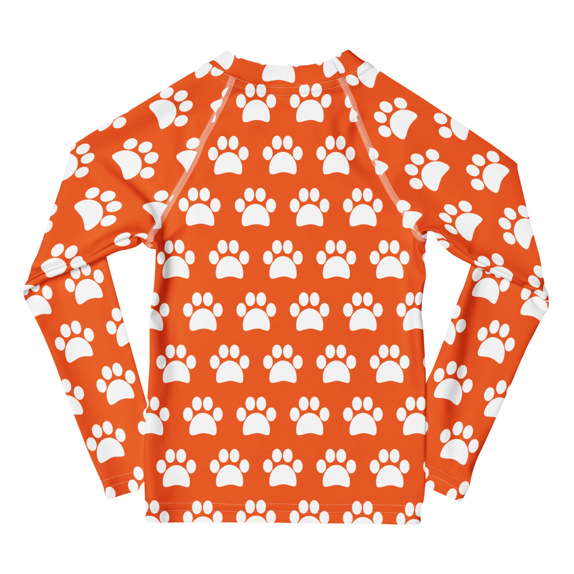 Kids Orange Paw Print Long Sleeve Rash Guard Swim Shirt – Buttery Soft, Sun Safe UPF 50+ Protection, Quick Dry & 4-Way Stretch Comfort
