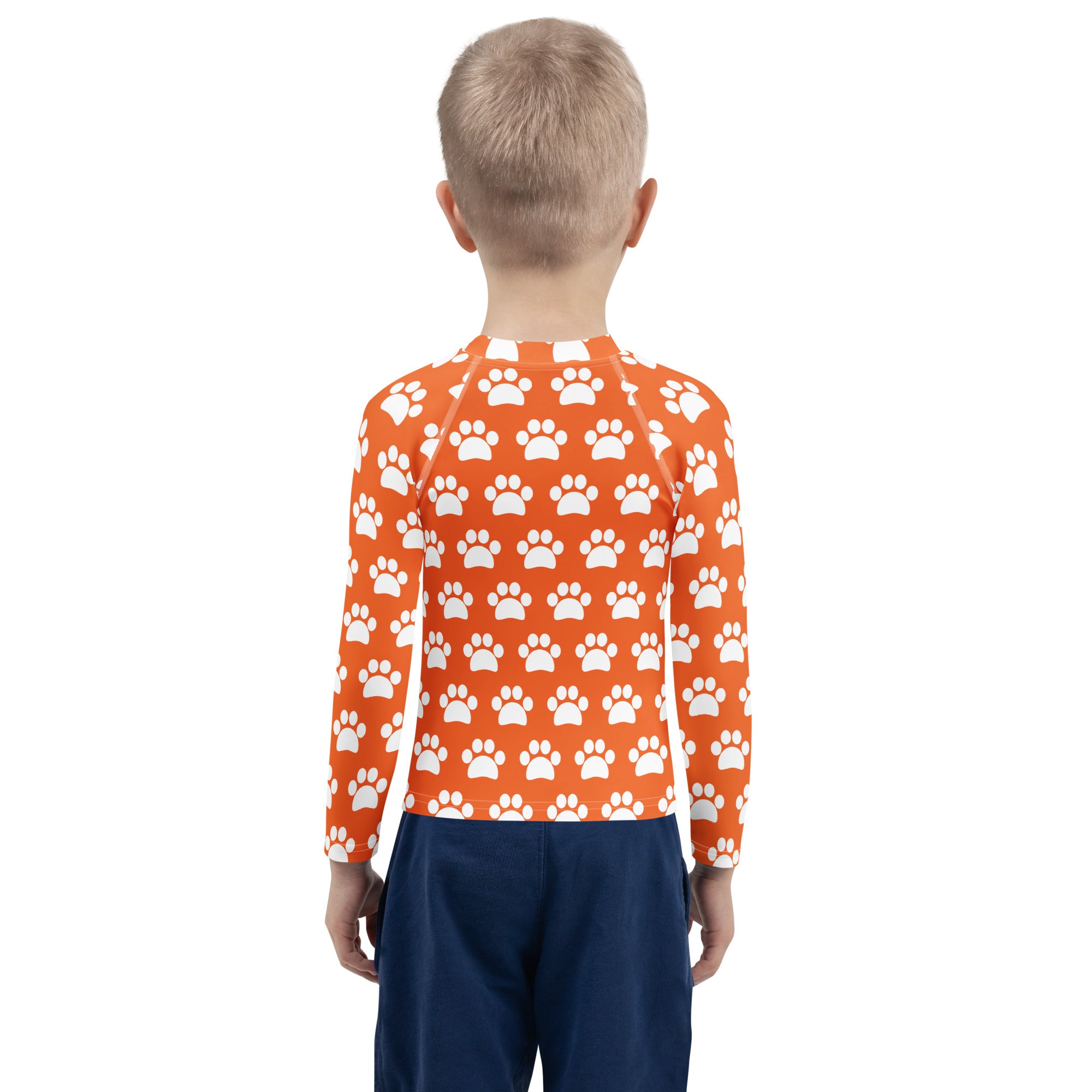Kids Orange Paw Print Long Sleeve Rash Guard Swim Shirt – Buttery Soft, Sun Safe UPF 50+ Protection, Quick Dry & 4-Way Stretch Comfort