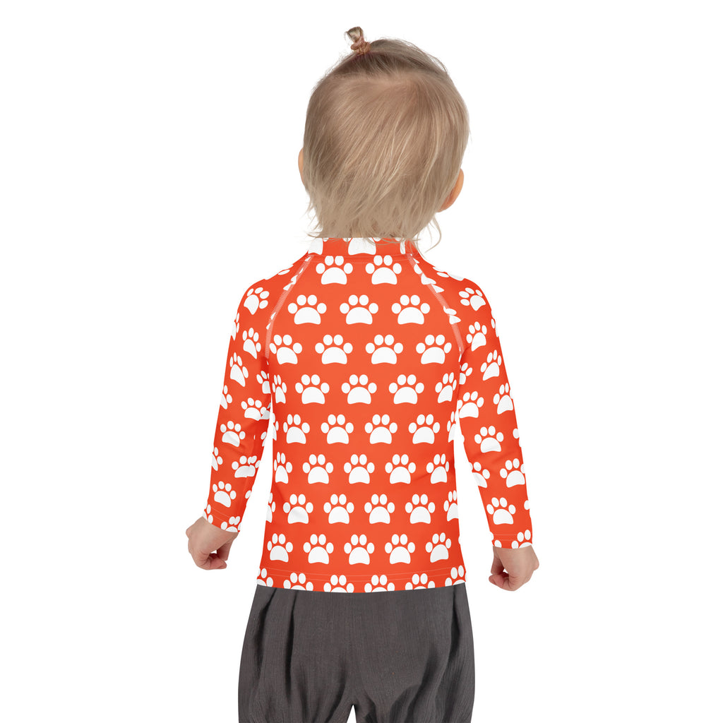 Kids Bright Orange Paw Print Long Sleeve Rash Guard Swim Shirt – Buttery Soft, Sun Safe UPF 50+ Protection, Quick Dry & 4-Way Stretch Comfort