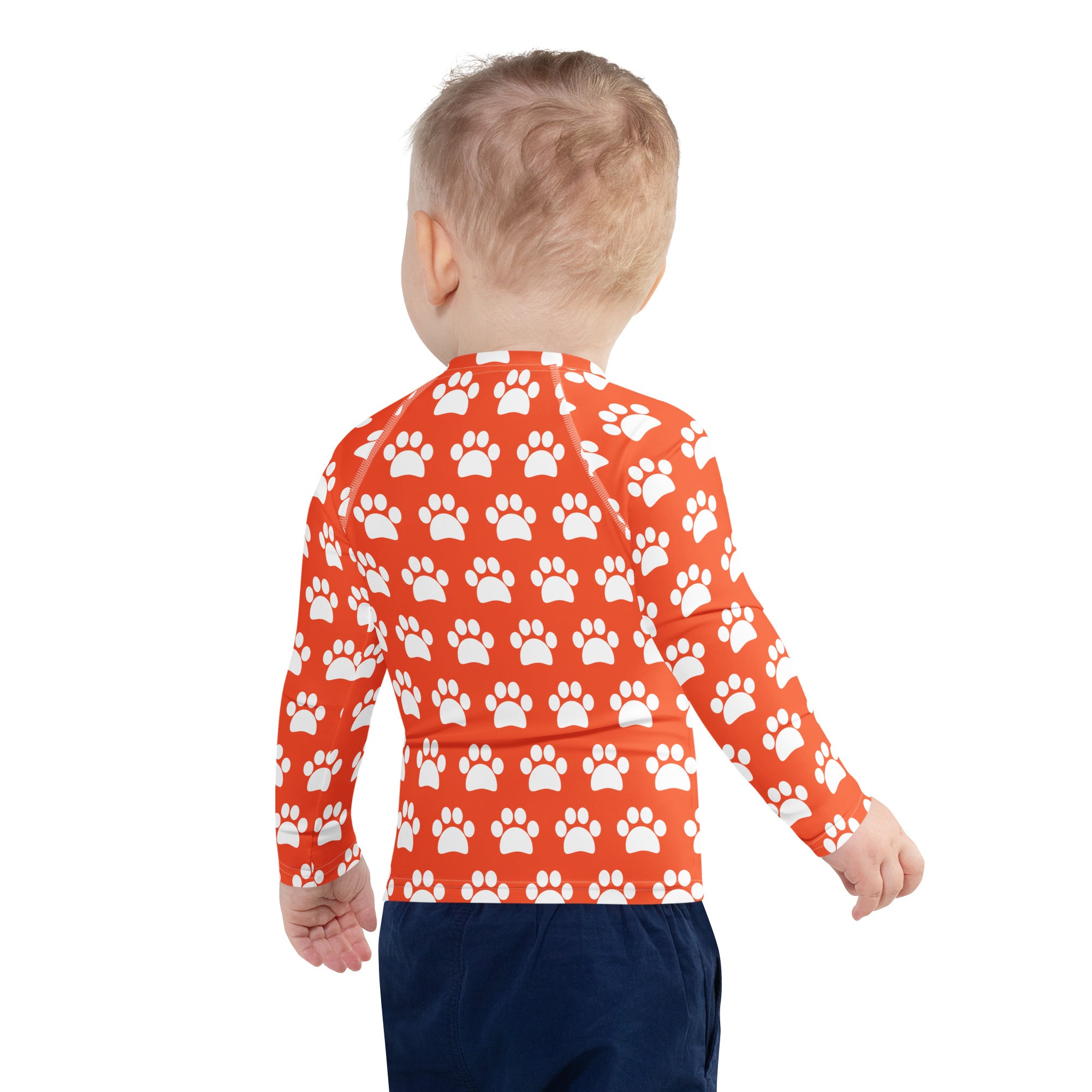 Kids Bright Orange Paw Print Long Sleeve Rash Guard Swim Shirt – Buttery Soft, Sun Safe UPF 50+ Protection, Quick Dry & 4-Way Stretch Comfort