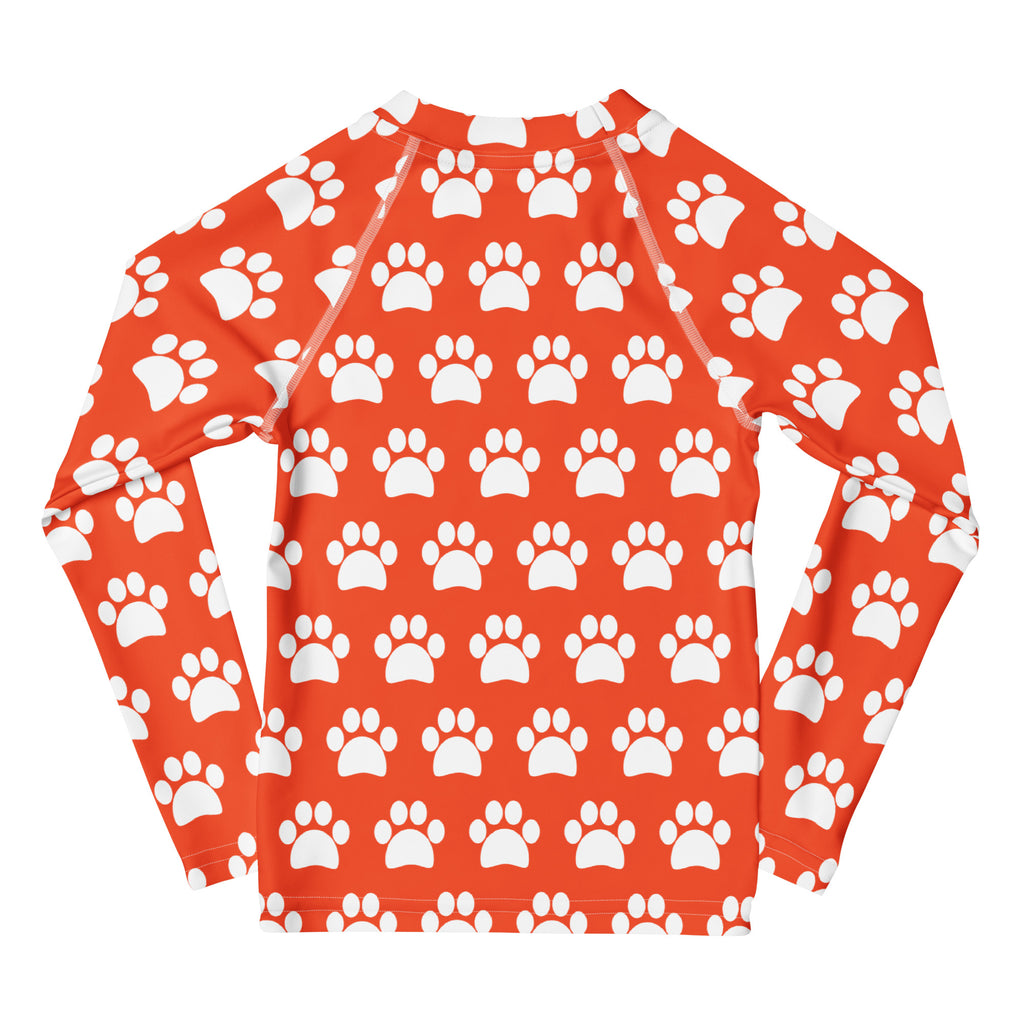 Kids Bright Orange Paw Print Long Sleeve Rash Guard Swim Shirt – Buttery Soft, Sun Safe UPF 50+ Protection, Quick Dry & 4-Way Stretch Comfort