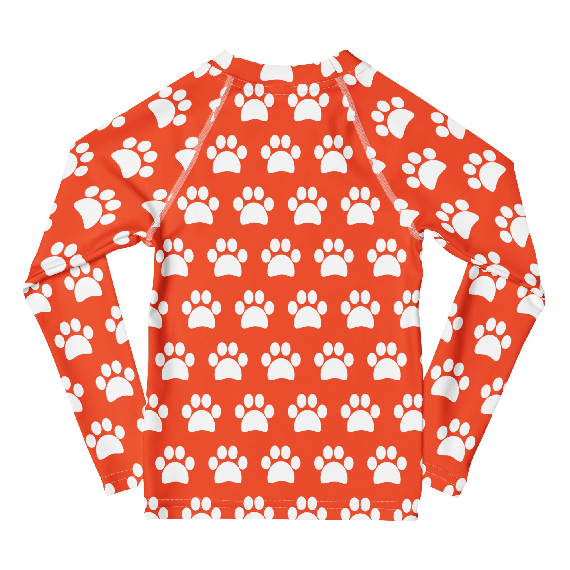 Kids Bright Orange Paw Print Long Sleeve Rash Guard Swim Shirt – Buttery Soft, Sun Safe UPF 50+ Protection, Quick Dry & 4-Way Stretch Comfort