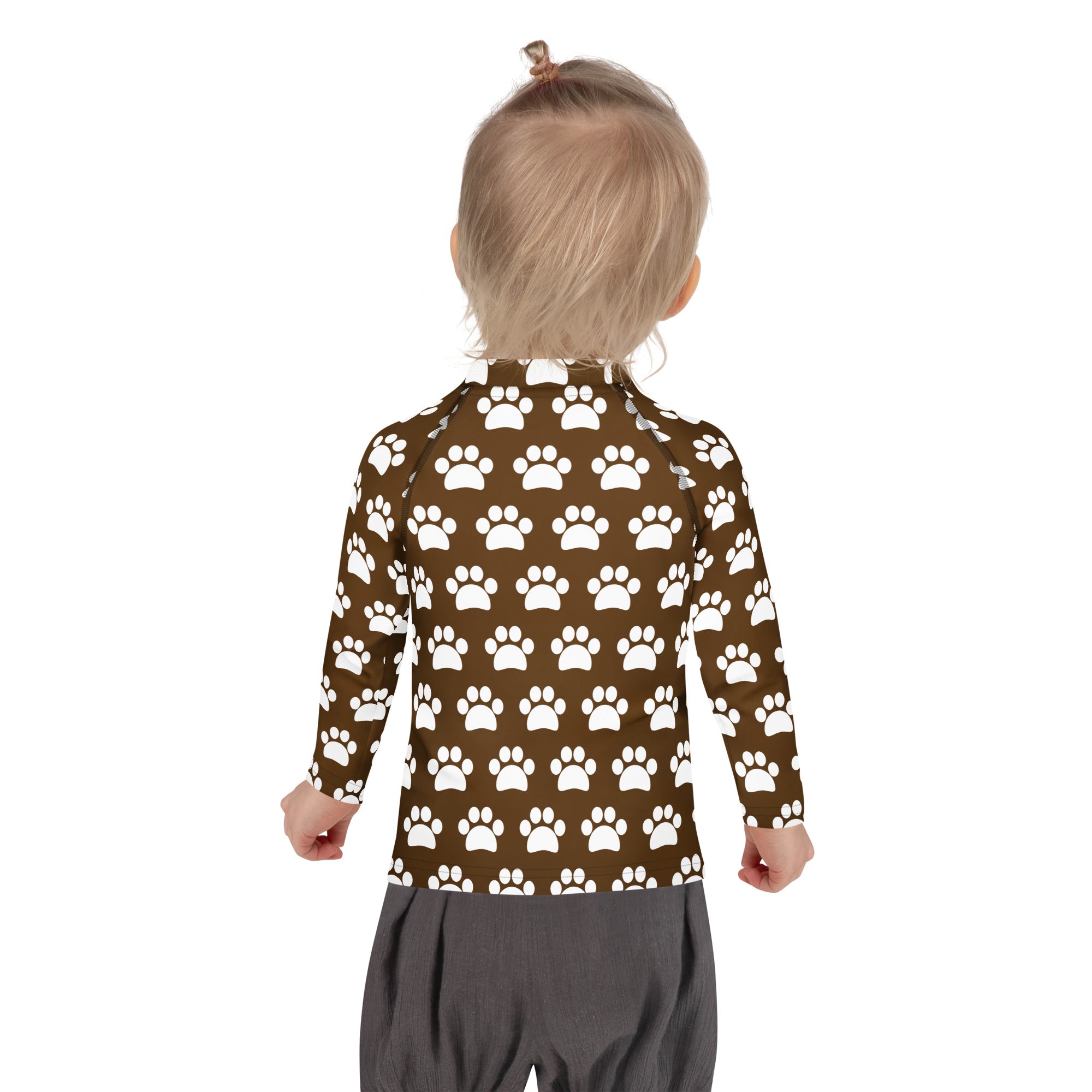 Kids Brown Paw Print Long Sleeve Rash Guard Swim Shirt – Buttery Soft, Sun Safe UPF 50+ Protection, Quick Dry & 4-Way Stretch Comfort