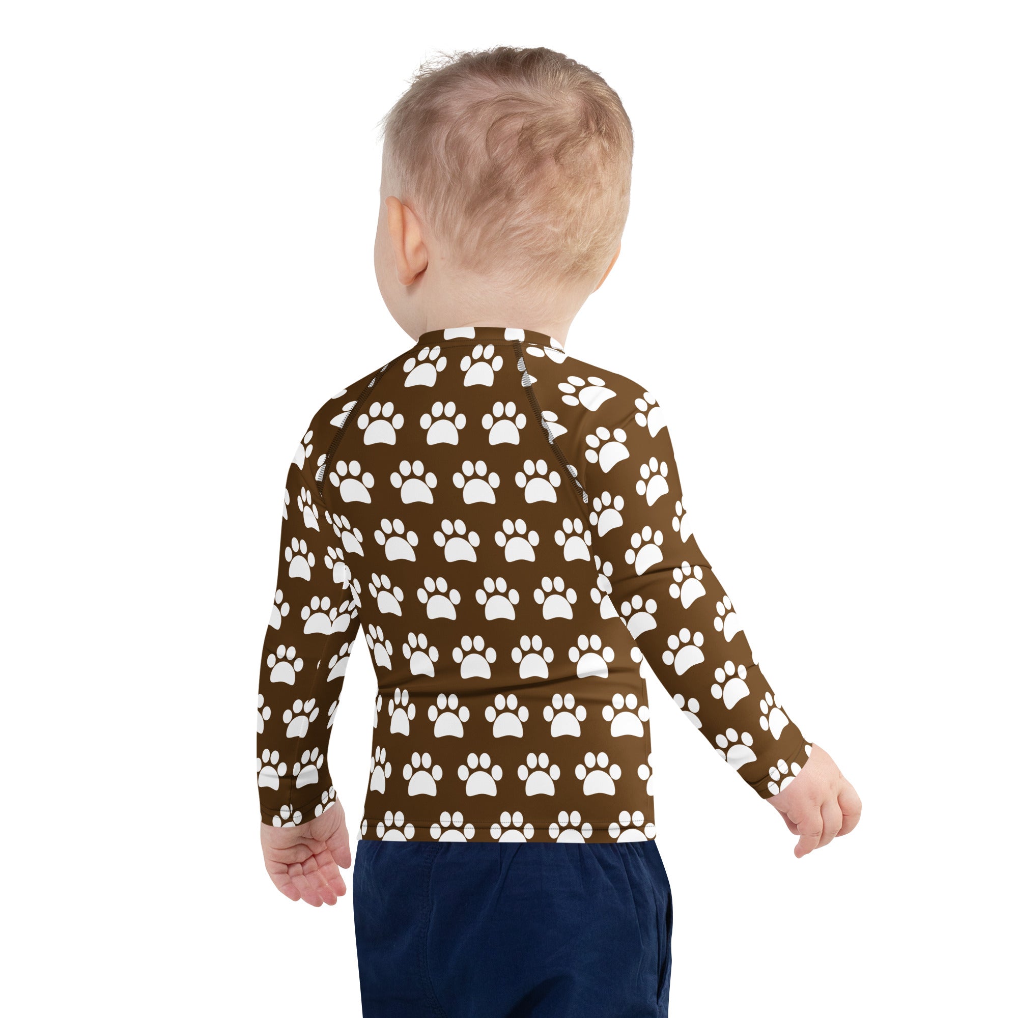 Kids Brown Paw Print Long Sleeve Rash Guard Swim Shirt – Buttery Soft, Sun Safe UPF 50+ Protection, Quick Dry & 4-Way Stretch Comfort