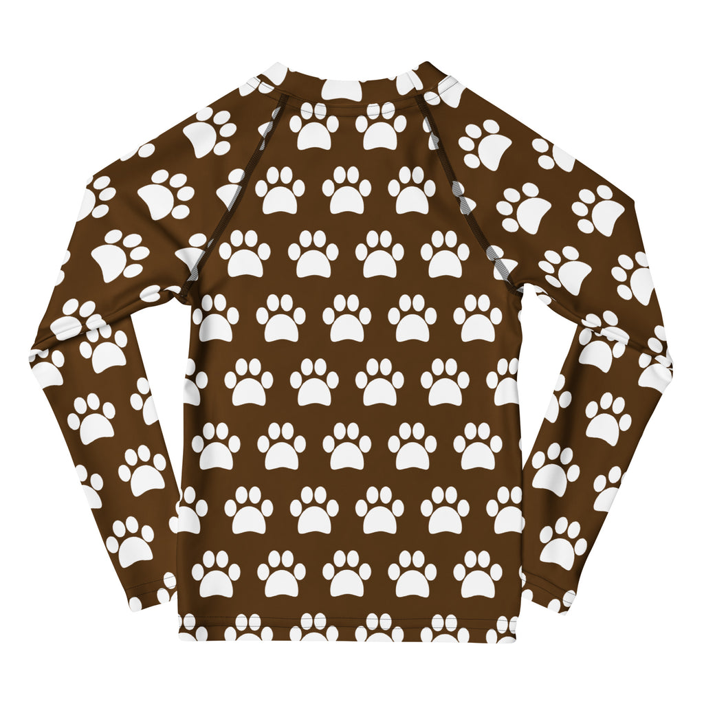 Kids Brown Paw Print Long Sleeve Rash Guard Swim Shirt – Buttery Soft, Sun Safe UPF 50+ Protection, Quick Dry & 4-Way Stretch Comfort
