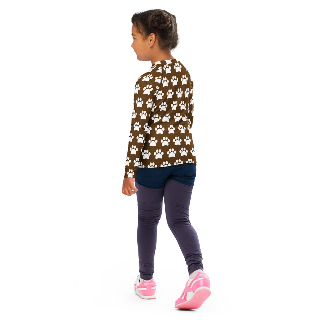 Kids Brown Paw Print Long Sleeve Rash Guard Swim Shirt – Buttery Soft, Sun Safe UPF 50+ Protection, Quick Dry & 4-Way Stretch Comfort