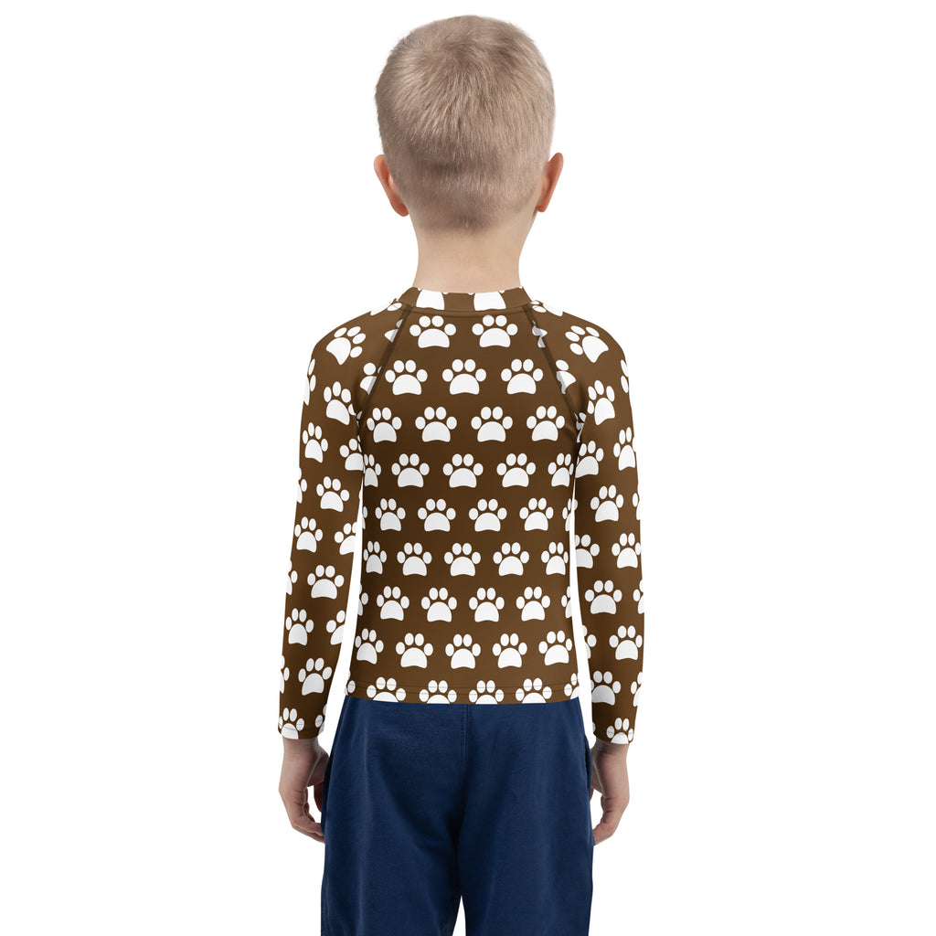 Kids Brown Paw Print Long Sleeve Rash Guard Swim Shirt – Buttery Soft, Sun Safe UPF 50+ Protection, Quick Dry & 4-Way Stretch Comfort