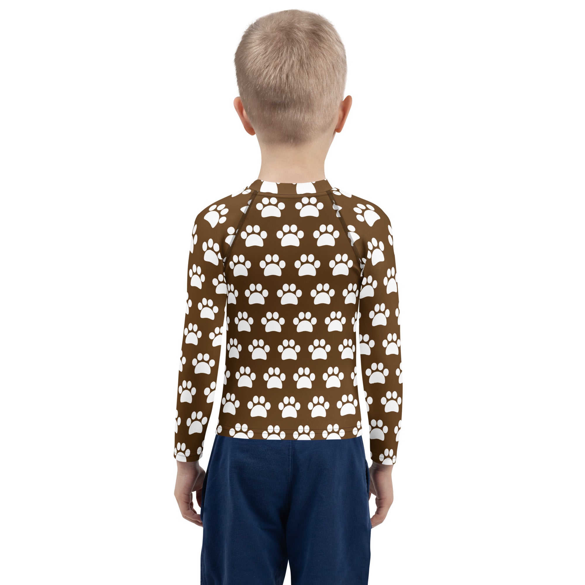 Kids Brown Paw Print Long Sleeve Rash Guard Swim Shirt – Buttery Soft, Sun Safe UPF 50+ Protection, Quick Dry & 4-Way Stretch Comfort