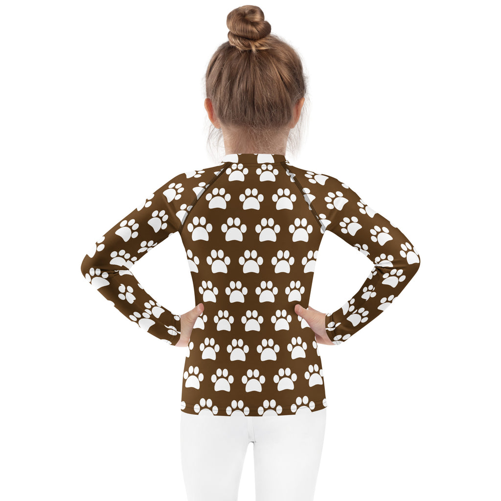 Kids Brown Paw Print Long Sleeve Rash Guard Swim Shirt – Buttery Soft, Sun Safe UPF 50+ Protection, Quick Dry & 4-Way Stretch Comfort