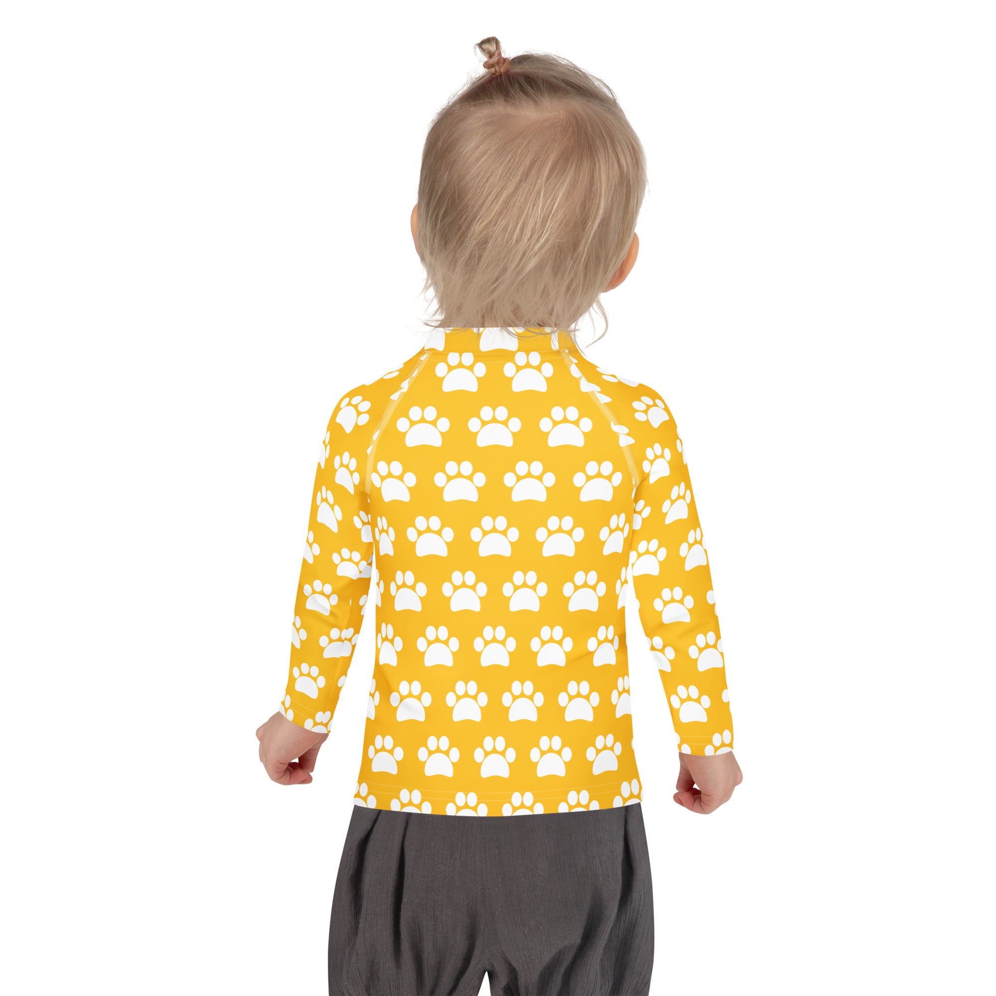 Kids Yellow Paw Print Long Sleeve Rash Guard Swim Shirt – Buttery Soft, Sun Safe UPF 50+ Protection, Quick Dry & 4-Way Stretch Comfort