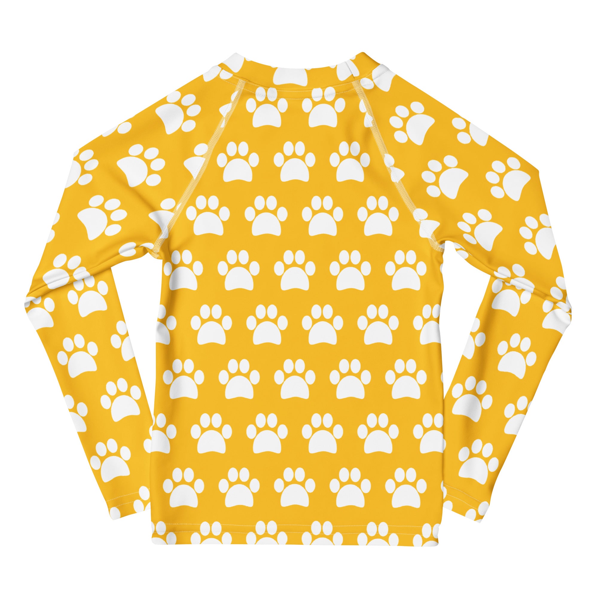 Kids Yellow Paw Print Long Sleeve Rash Guard Swim Shirt – Buttery Soft, Sun Safe UPF 50+ Protection, Quick Dry & 4-Way Stretch Comfort