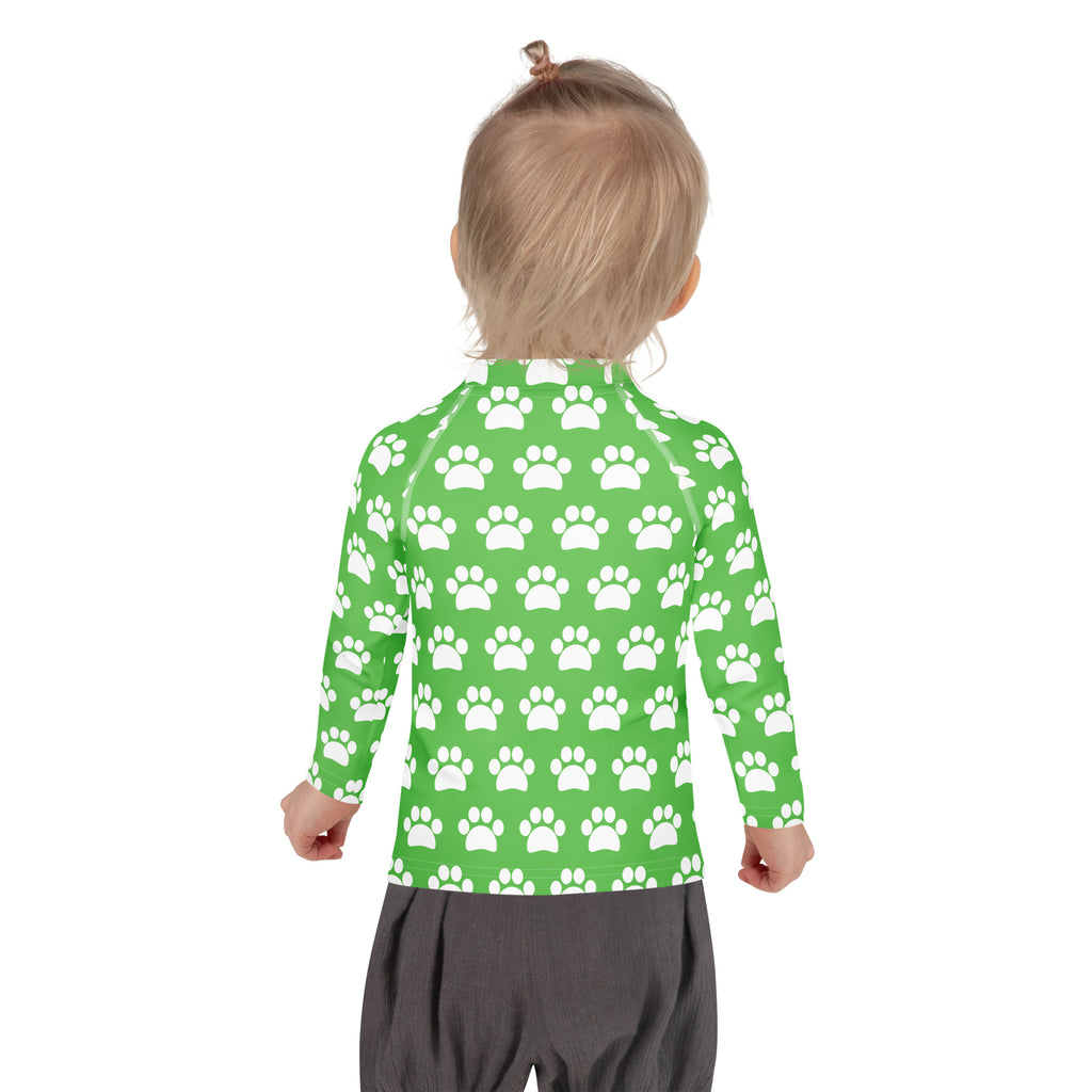 Kids Green Paw Print Long Sleeve Rash Guard Swim Shirt – Buttery Soft, Sun Safe UPF 50+ Protection, Quick Dry & 4-Way Stretch Comfort