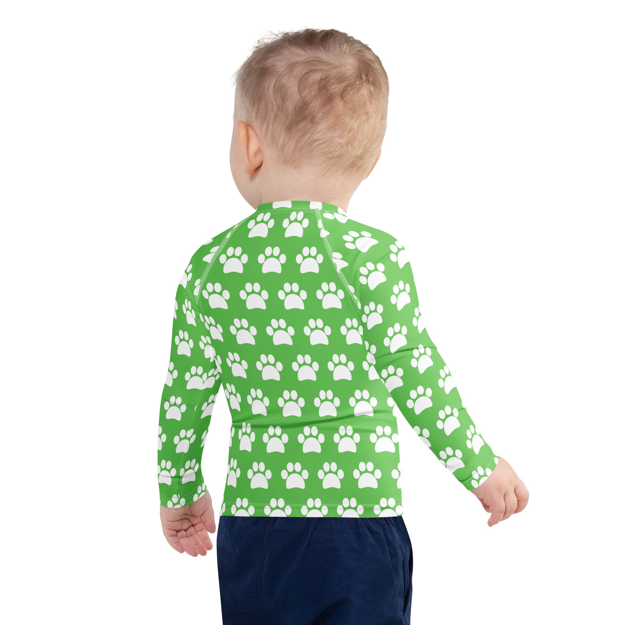 Kids Green Paw Print Long Sleeve Rash Guard Swim Shirt – Buttery Soft, Sun Safe UPF 50+ Protection, Quick Dry & 4-Way Stretch Comfort