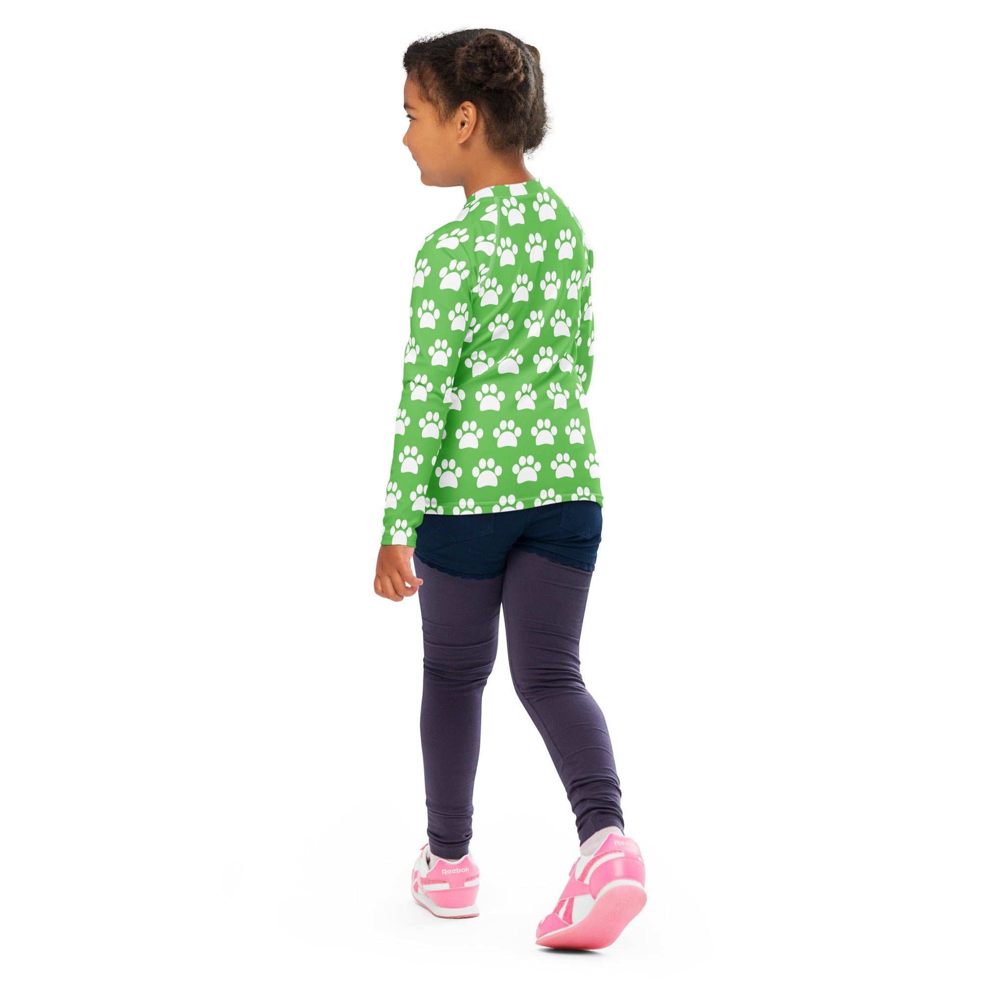 Kids Green Paw Print Long Sleeve Rash Guard Swim Shirt – Buttery Soft, Sun Safe UPF 50+ Protection, Quick Dry & 4-Way Stretch Comfort