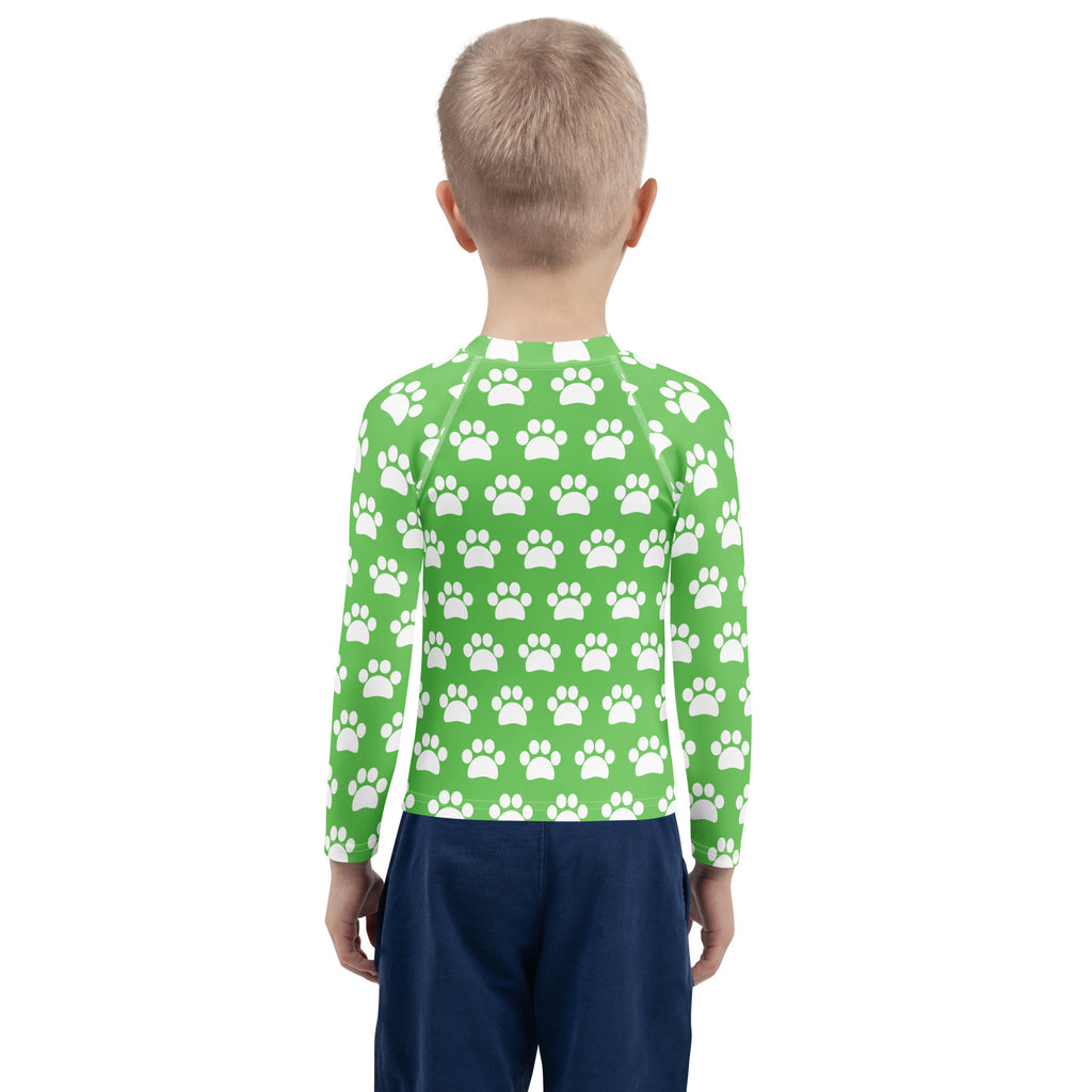 Kids Green Paw Print Long Sleeve Rash Guard Swim Shirt – Buttery Soft, Sun Safe UPF 50+ Protection, Quick Dry & 4-Way Stretch Comfort
