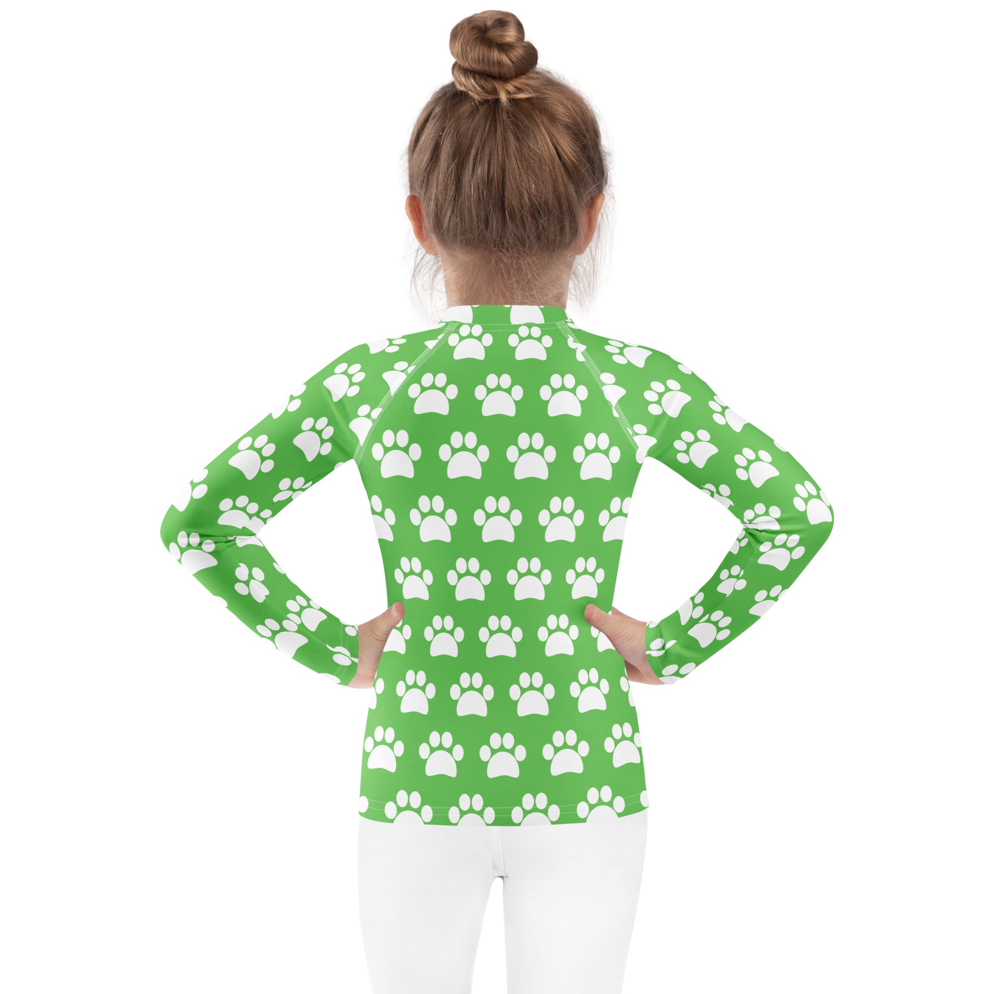 Kids Green Paw Print Long Sleeve Rash Guard Swim Shirt – Buttery Soft, Sun Safe UPF 50+ Protection, Quick Dry & 4-Way Stretch Comfort