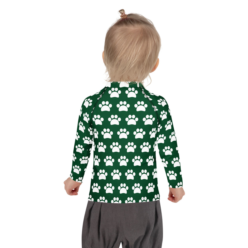 Kids Dark Green Paw Print Long Sleeve Rash Guard Swim Shirt – Buttery Soft, Sun Safe UPF 50+ Protection, Quick Dry & 4-Way Stretch Comfort